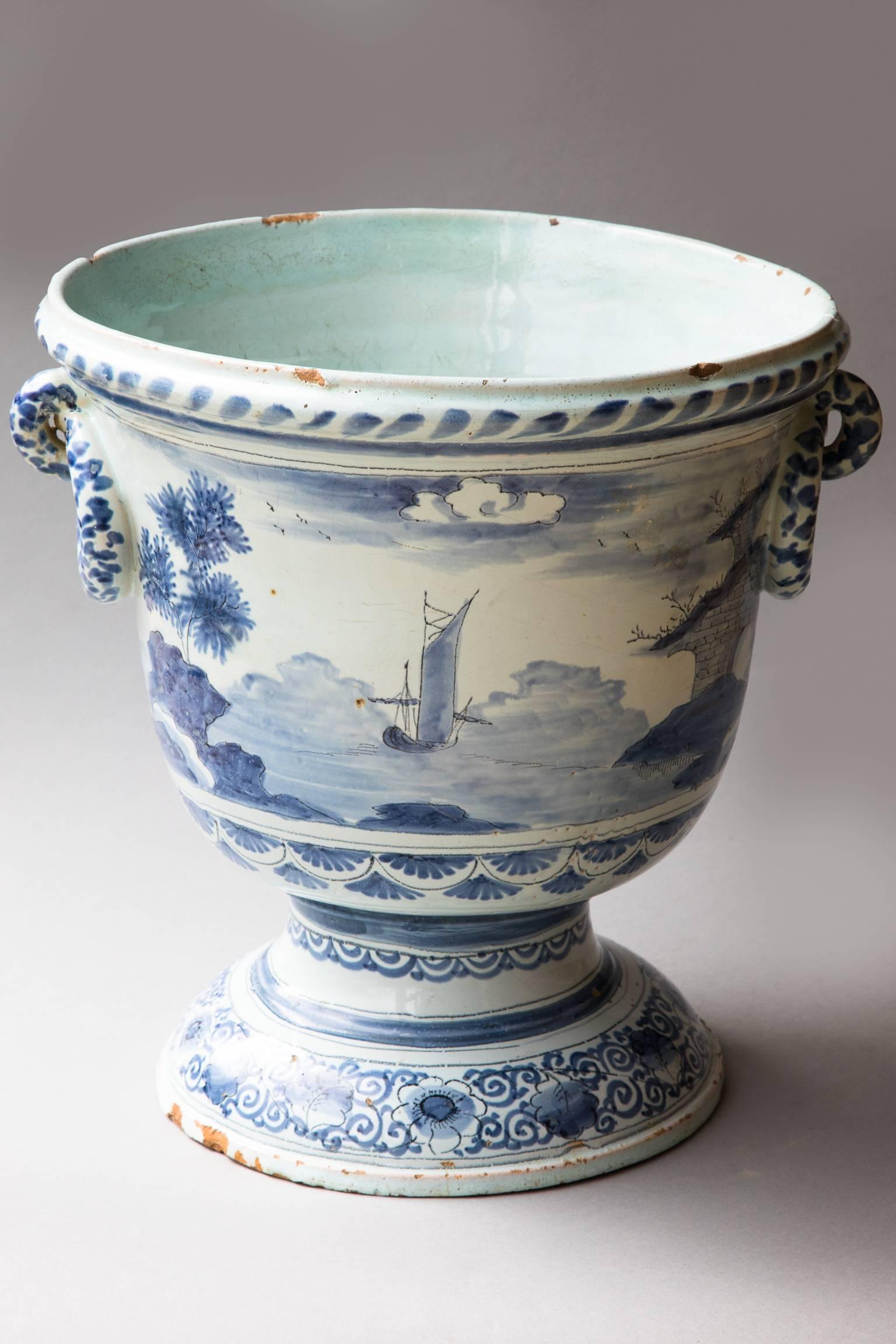 Louis XV Large 18th Century French Blue and White Faience Cache Pot or Jardinière For Sale