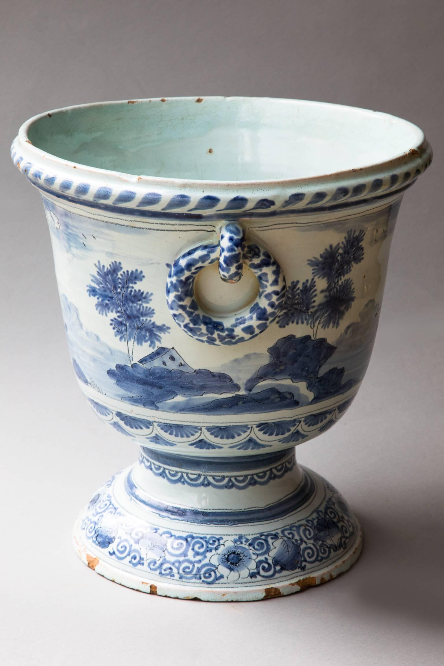 Large 18th Century French Blue and White Faience Cache Pot or Jardinière In Good Condition For Sale In London, GB