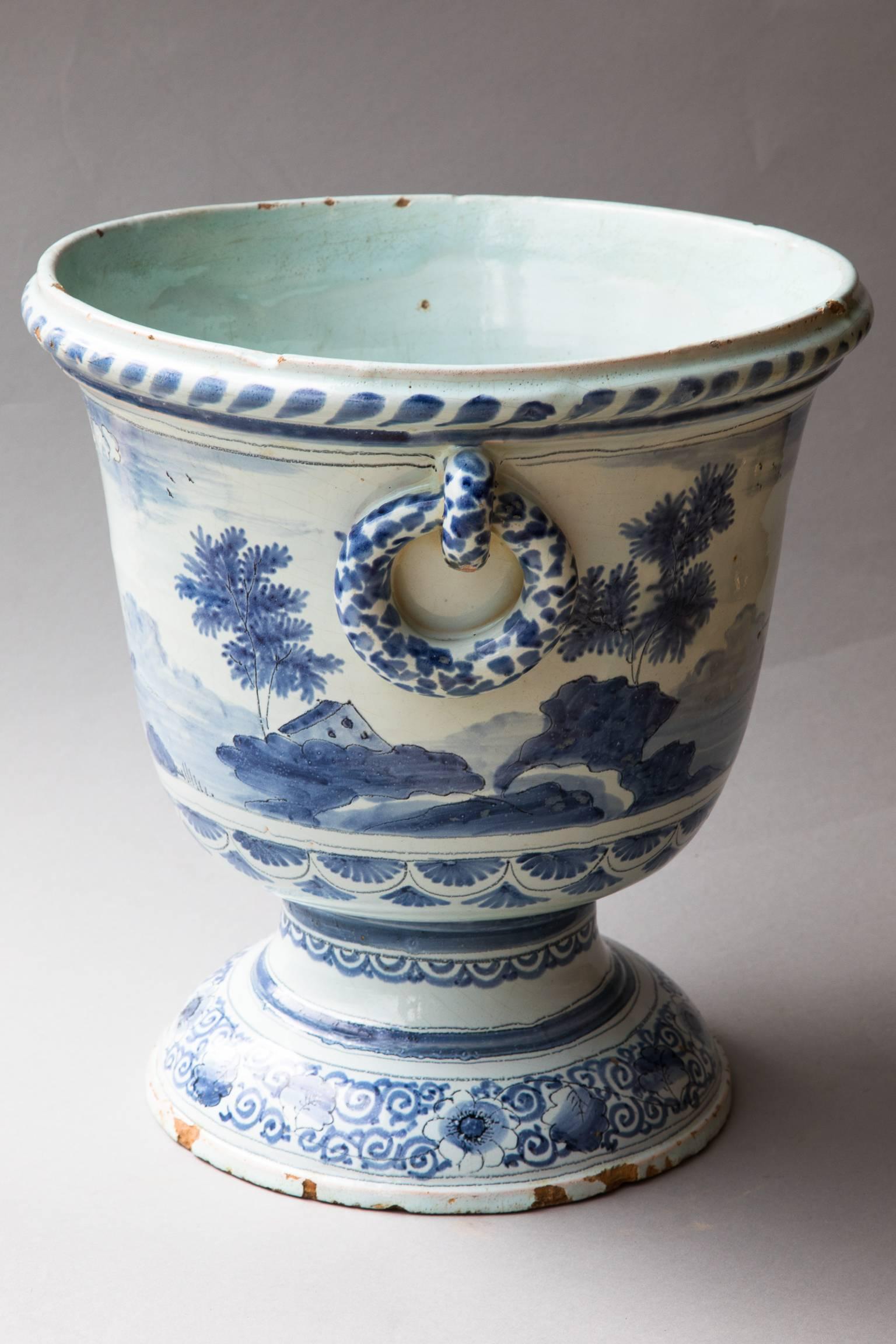 18th Century and Earlier Large 18th Century French Blue and White Faience Cache Pot or Jardinière For Sale