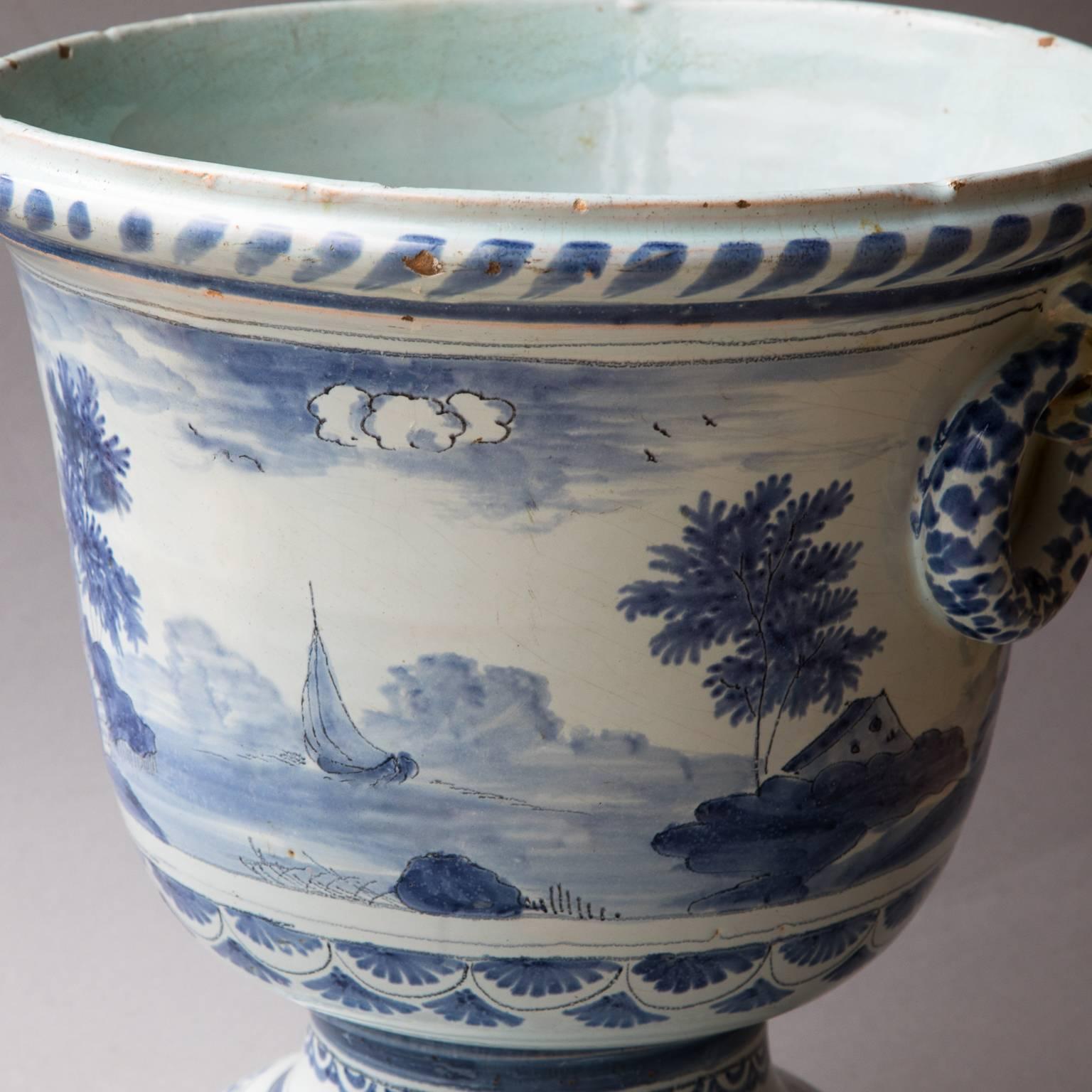 Large 18th Century French Blue and White Faience Cache Pot or Jardinière For Sale 4