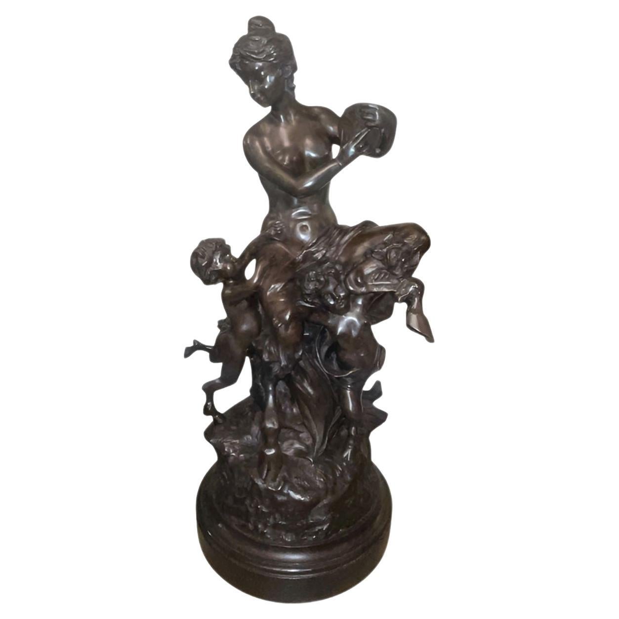 Large 18th Century French Clodion Bronze Bacchic Group w/ Satyr & Putti.