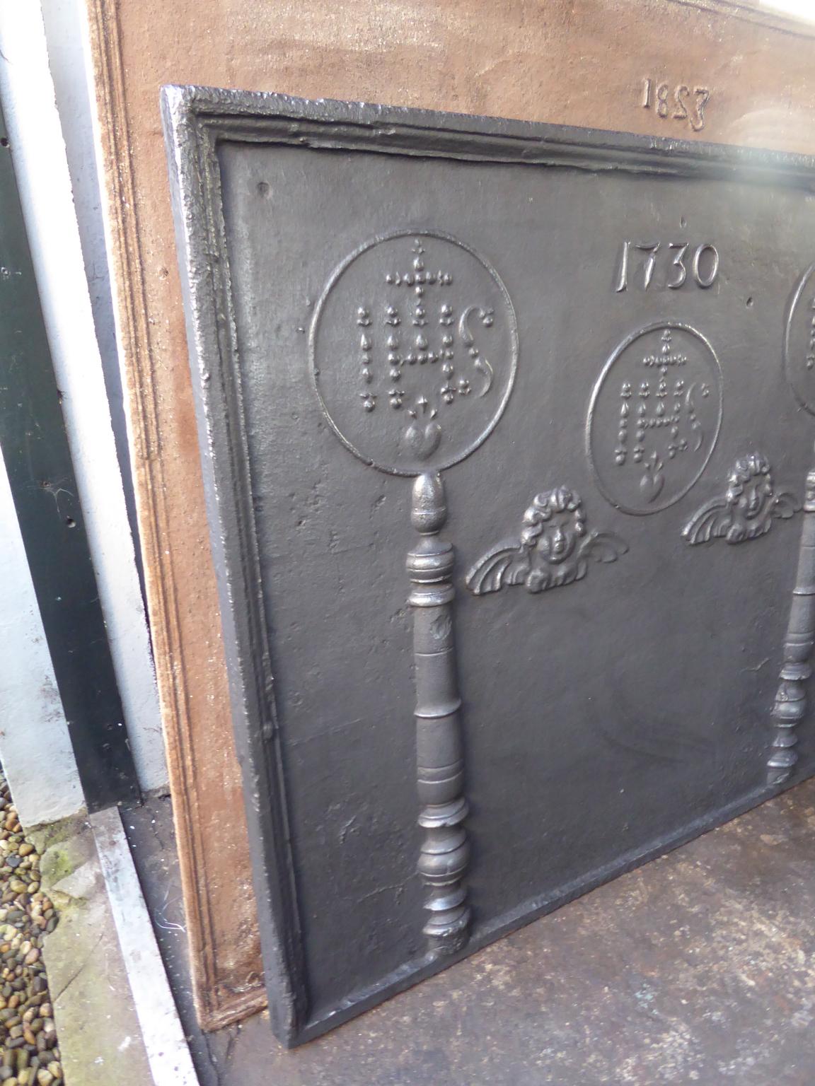 Iron Large 18th Century French Fireback 'Pillars with Medieval IHS Monograms'