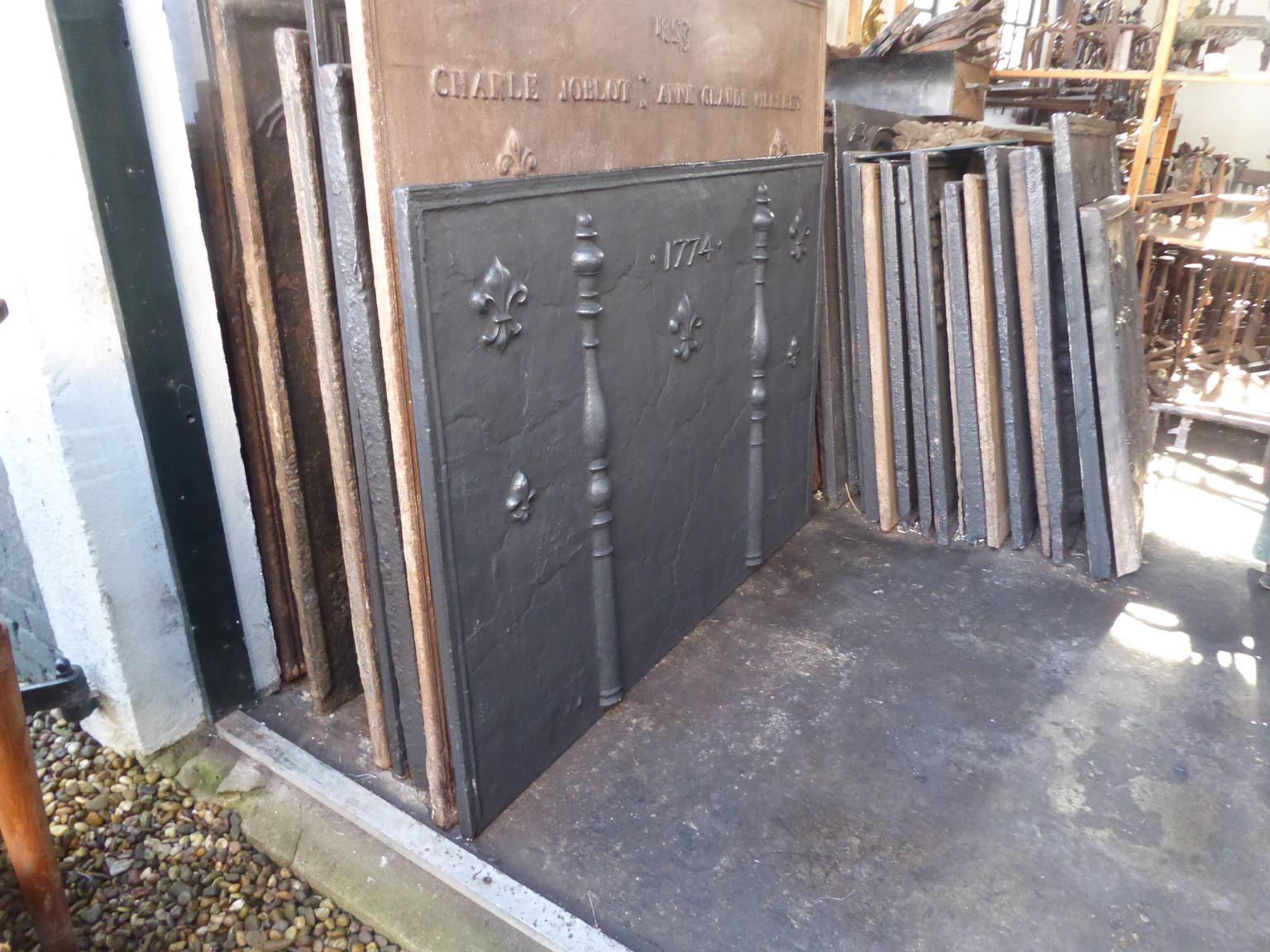 Iron Large 18th Century French Fireback with Pillars and Fleur de Lys