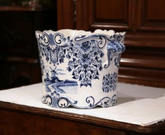 Large 18th Century French Hand-Painted Blue and White Ceramic Delft Cachepot
