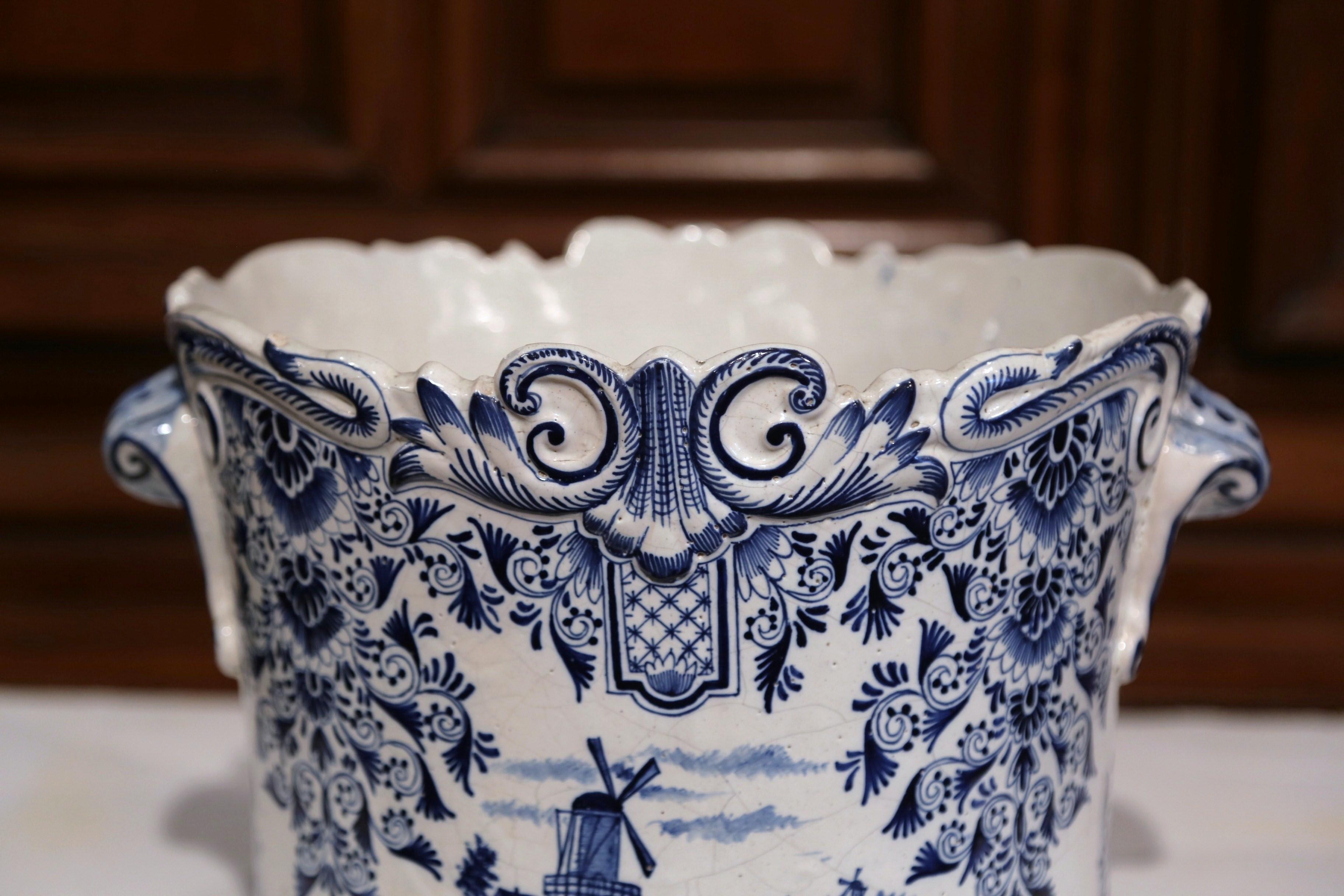 Patinated Large 18th Century French Hand-Painted Blue and White Ceramic Delft Cachepot