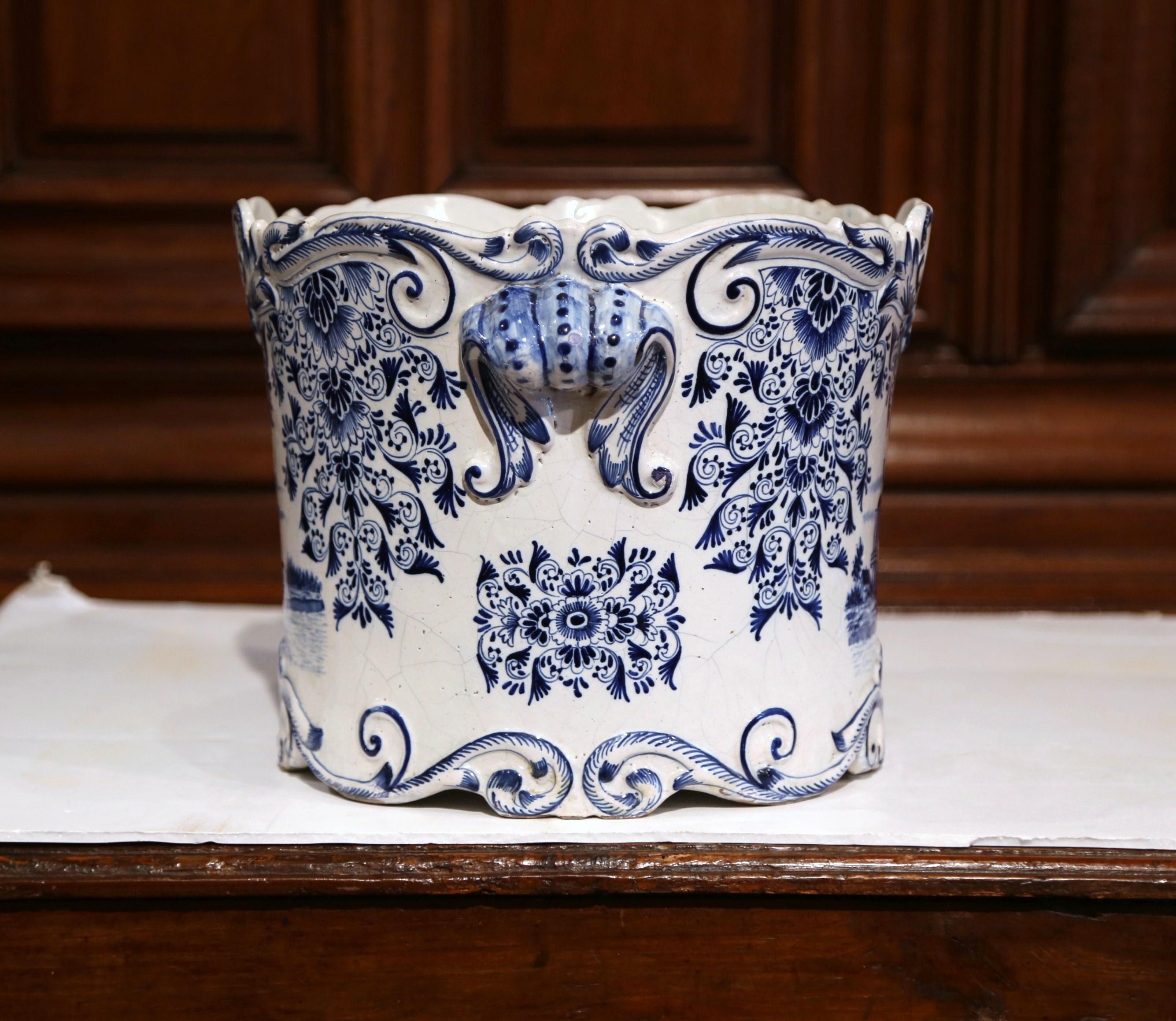 Large 18th Century French Hand-Painted Blue and White Ceramic Delft Cachepot 1