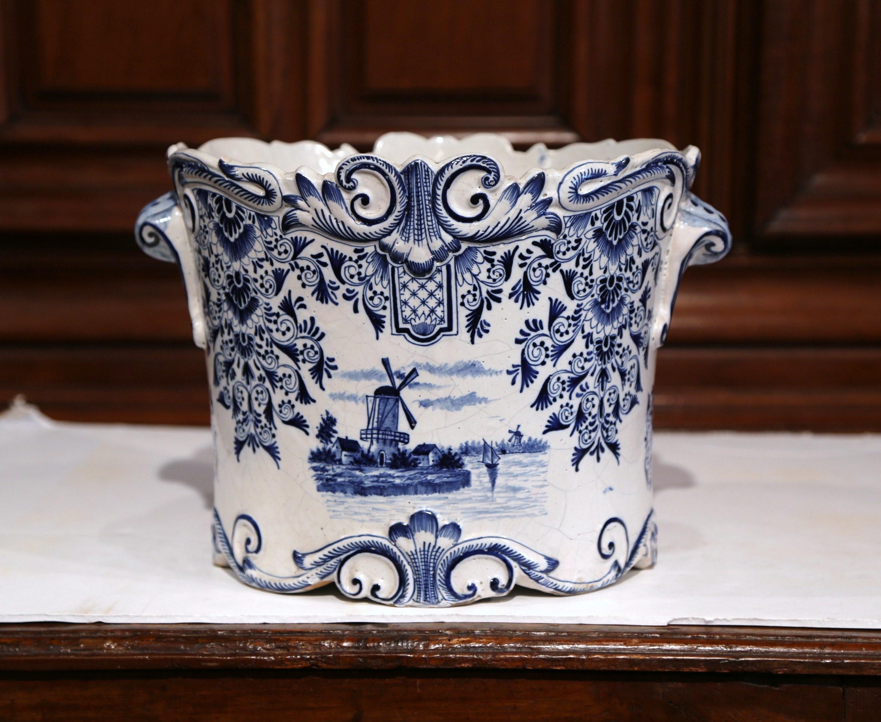 Large 18th Century French Hand-Painted Blue and White Ceramic Delft Cachepot 2