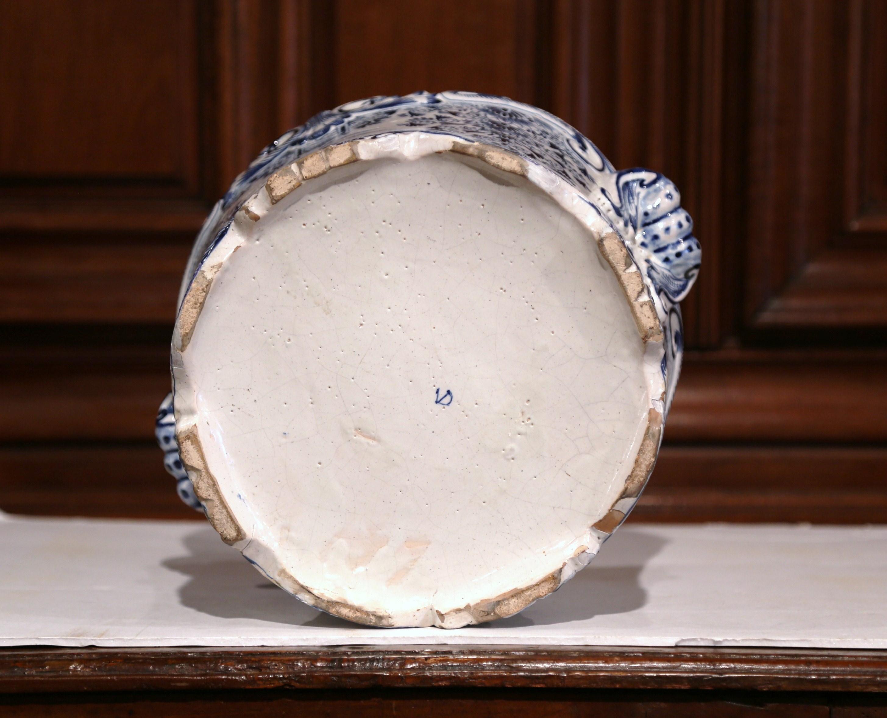 Large 18th Century French Hand-Painted Blue and White Ceramic Delft Cachepot 4
