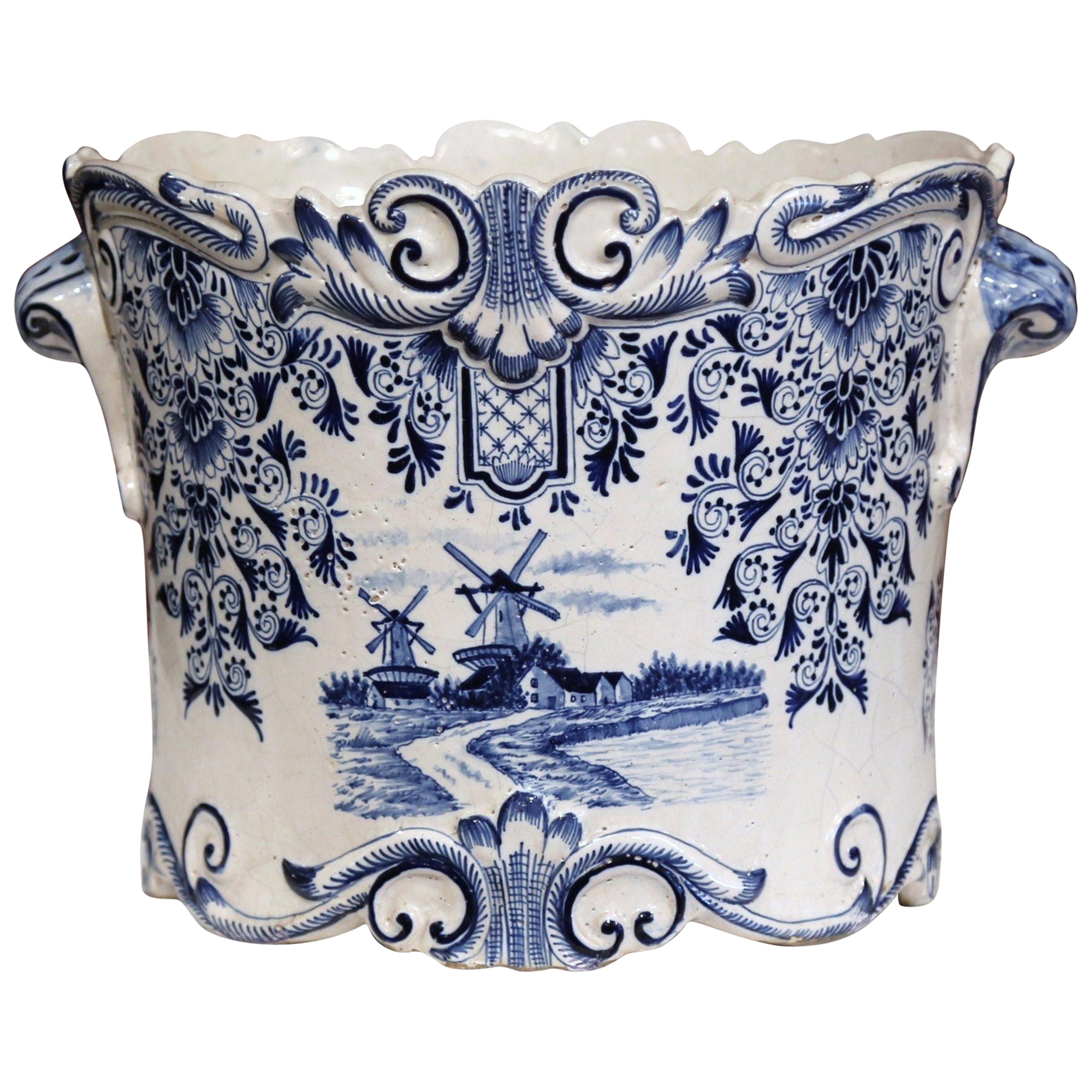 Large 18th Century French Hand-Painted Blue and White Ceramic Delft Cachepot