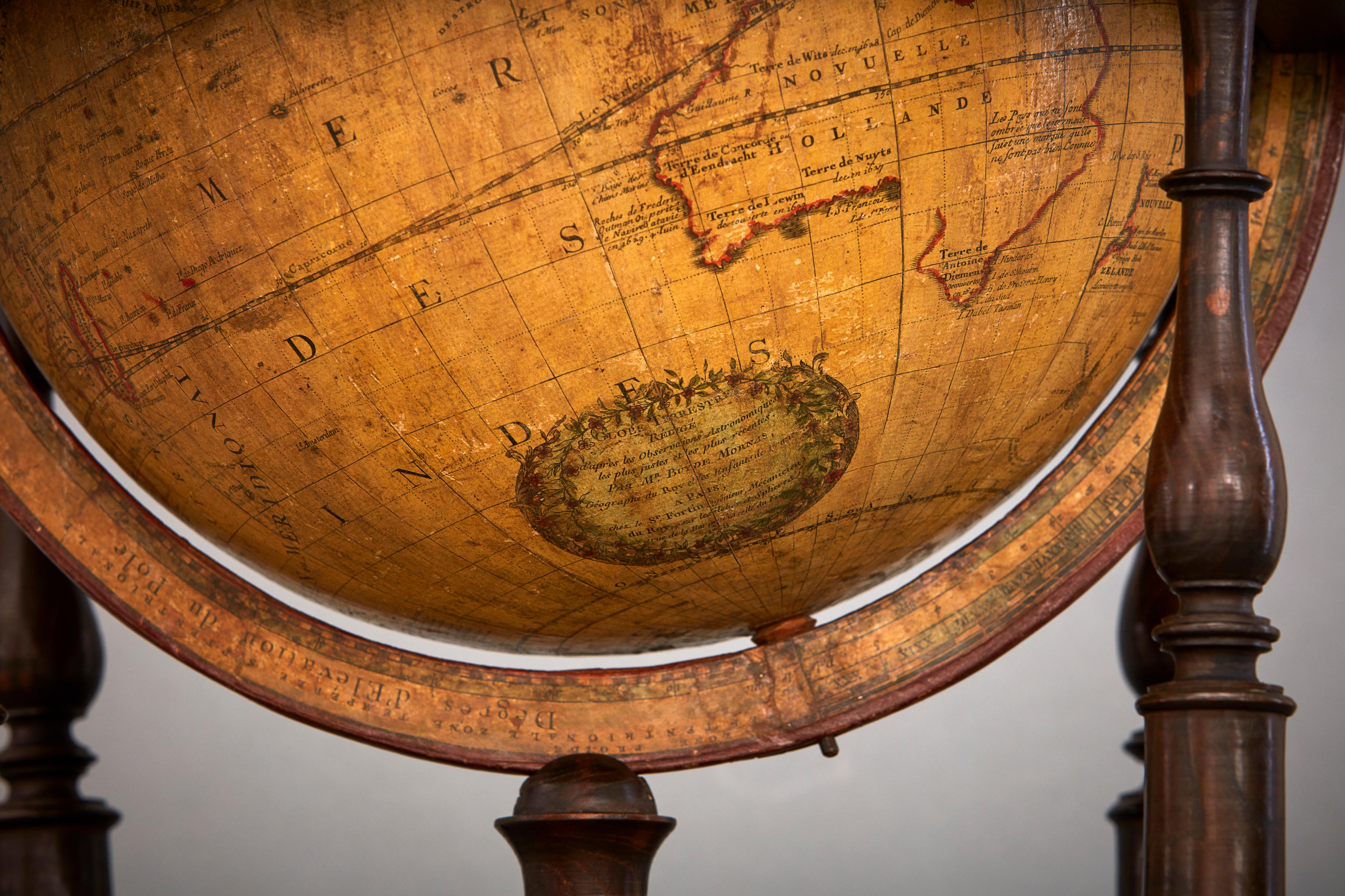 A very rare and unusually large Louis XVI terrestrial globe by the royal French globemaker Jean-Baptiste Fortin (1740-1817). He had a shop in Paris, in the Rue de la Harpe and made globes of various sizes and published geographical works. 
This