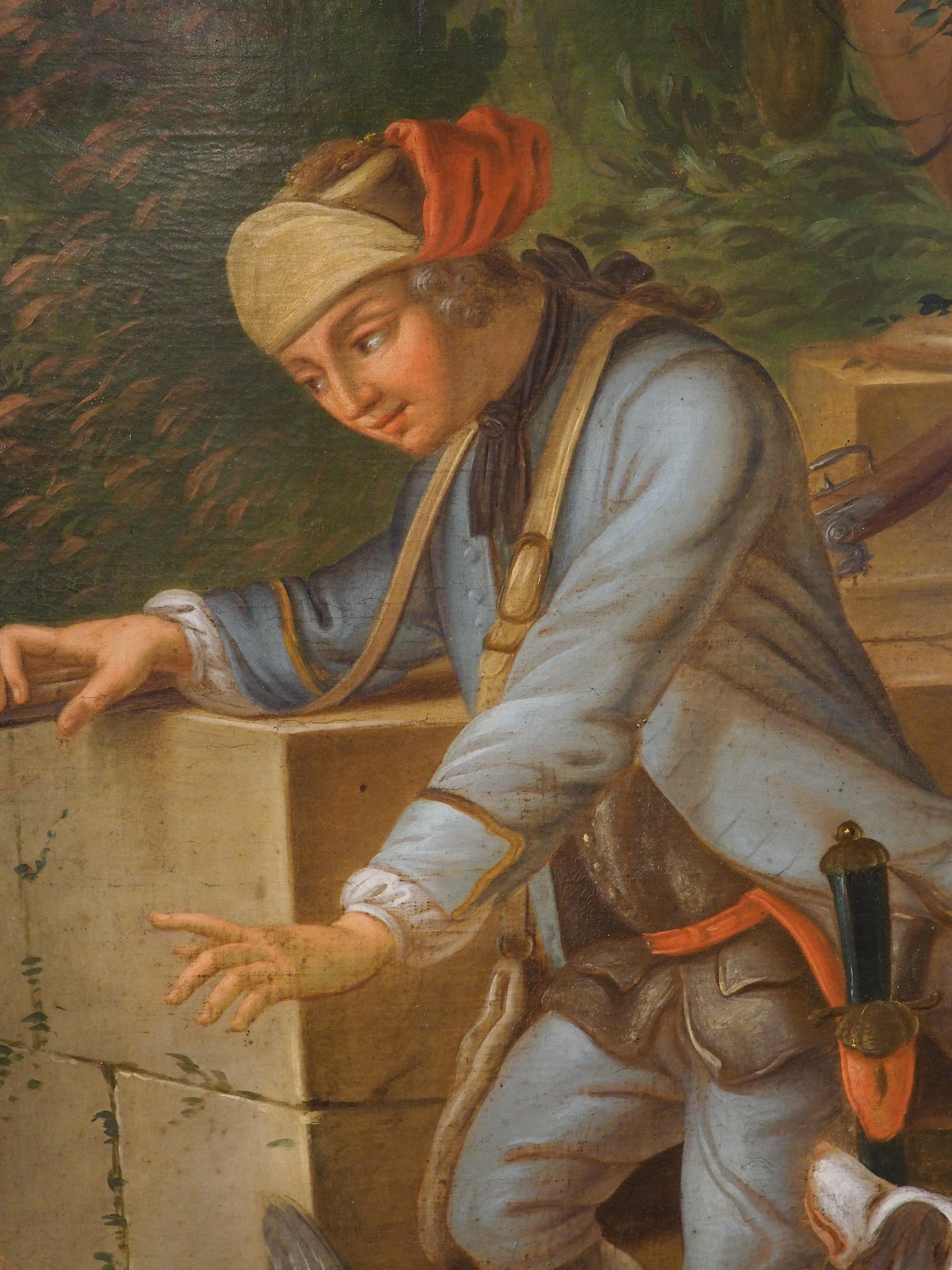 Grande peinture à l'huile sur toile française du 18ème siècle représentant une scène de chasse en vente 3