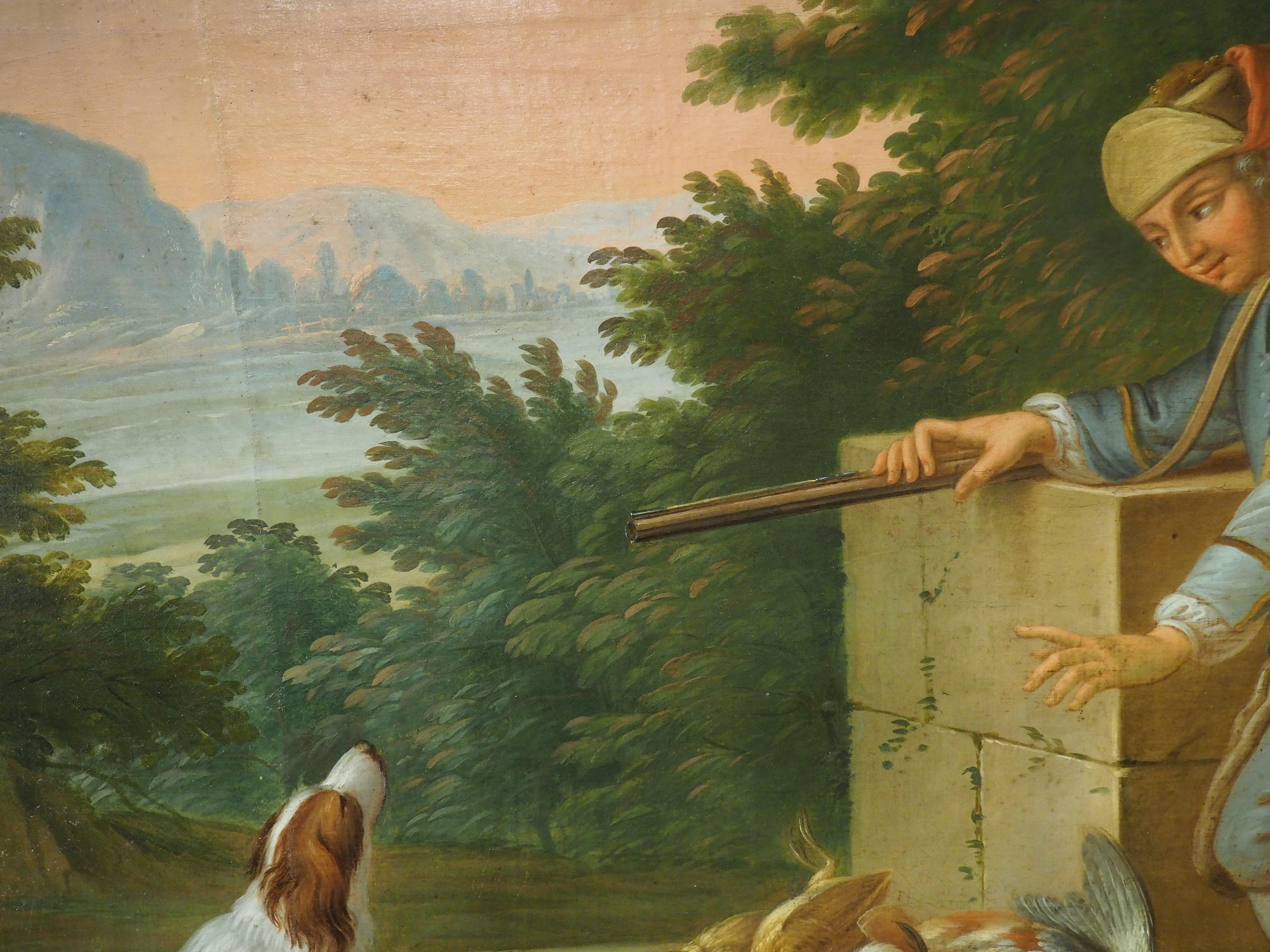 Grande peinture à l'huile sur toile française du 18ème siècle représentant une scène de chasse en vente 6