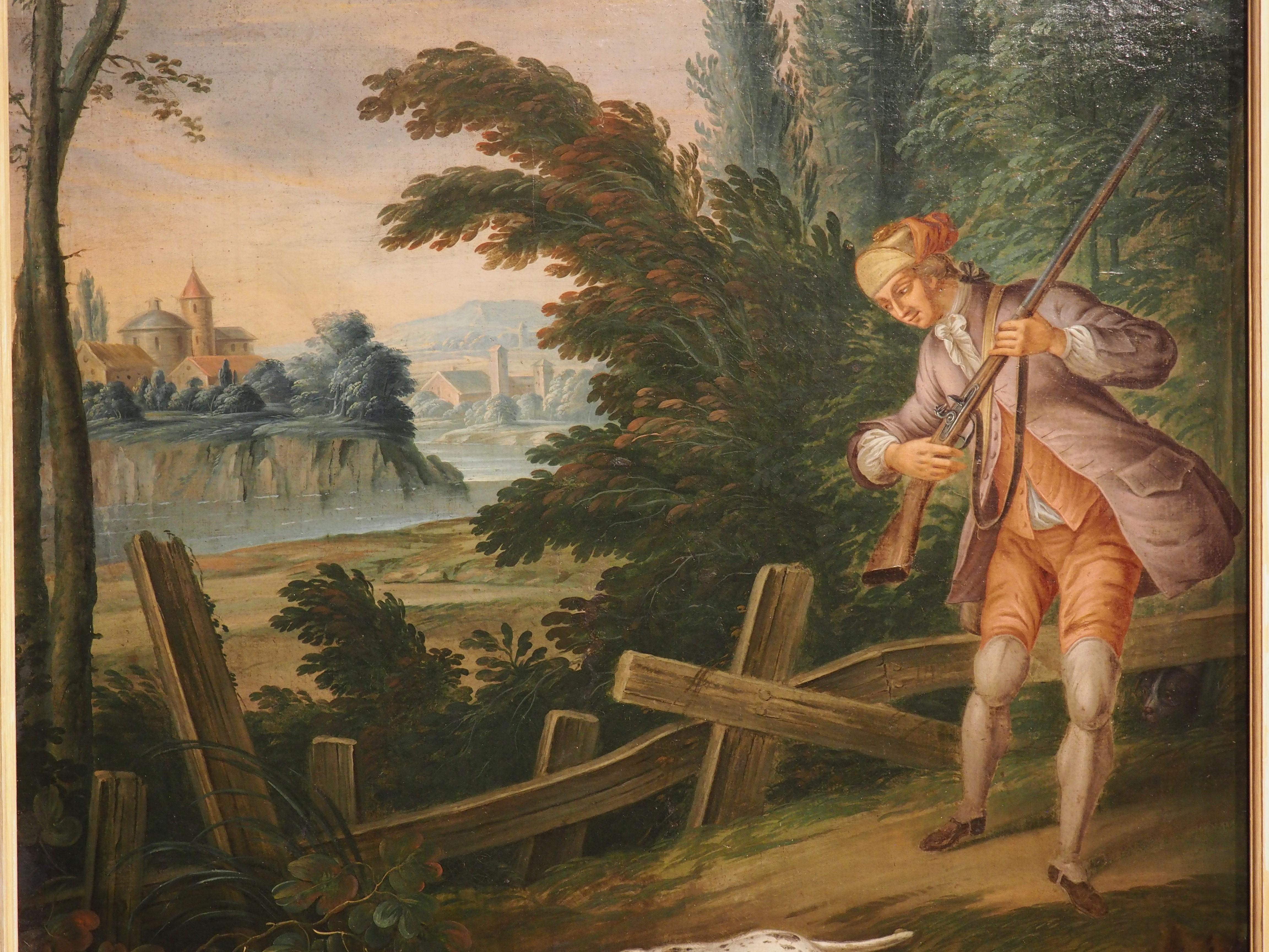 Grande peinture à l'huile sur toile française du 18ème siècle représentant une scène de chasse en vente 5