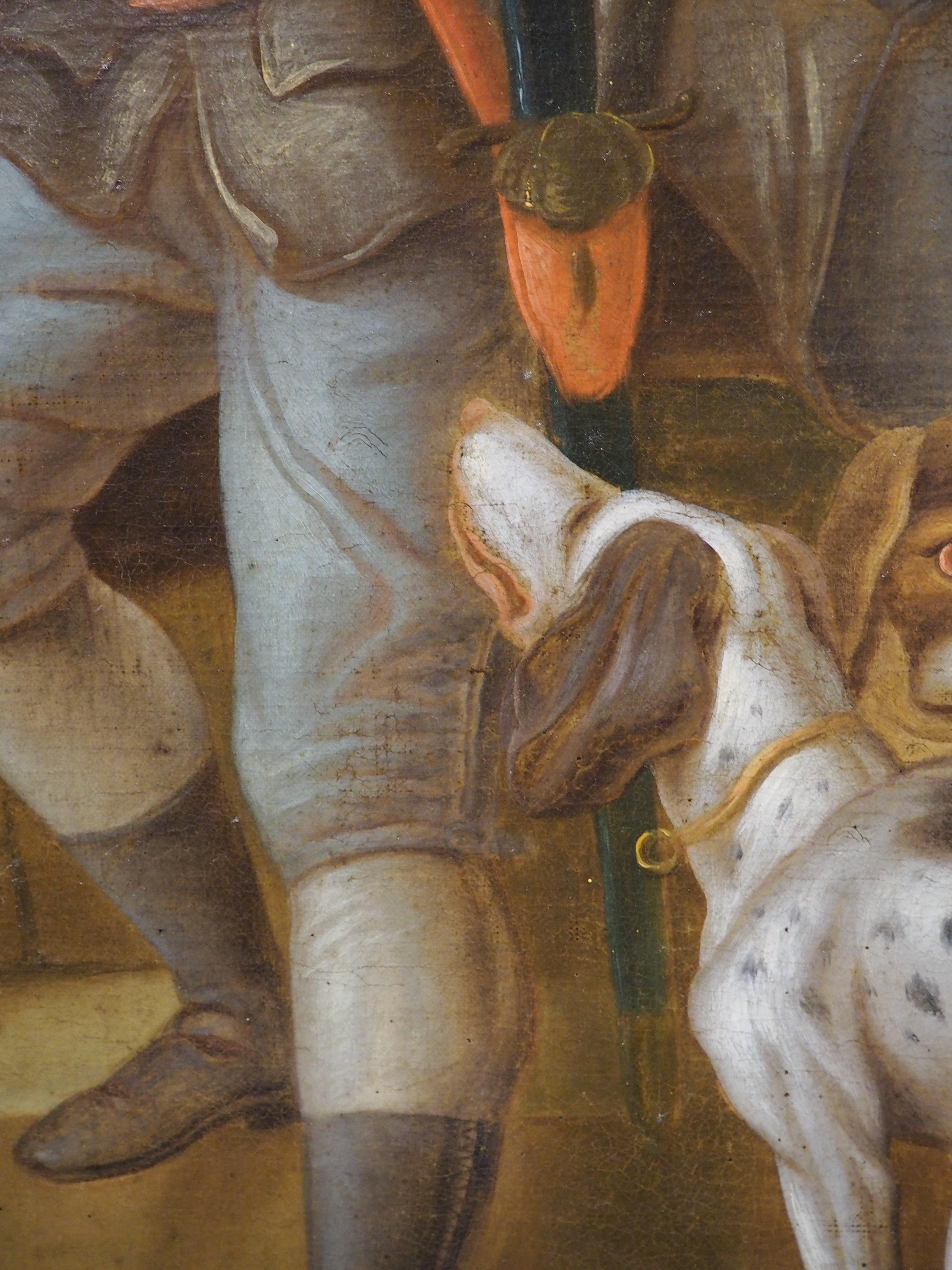 Grande peinture à l'huile sur toile française du 18ème siècle représentant une scène de chasse en vente 7