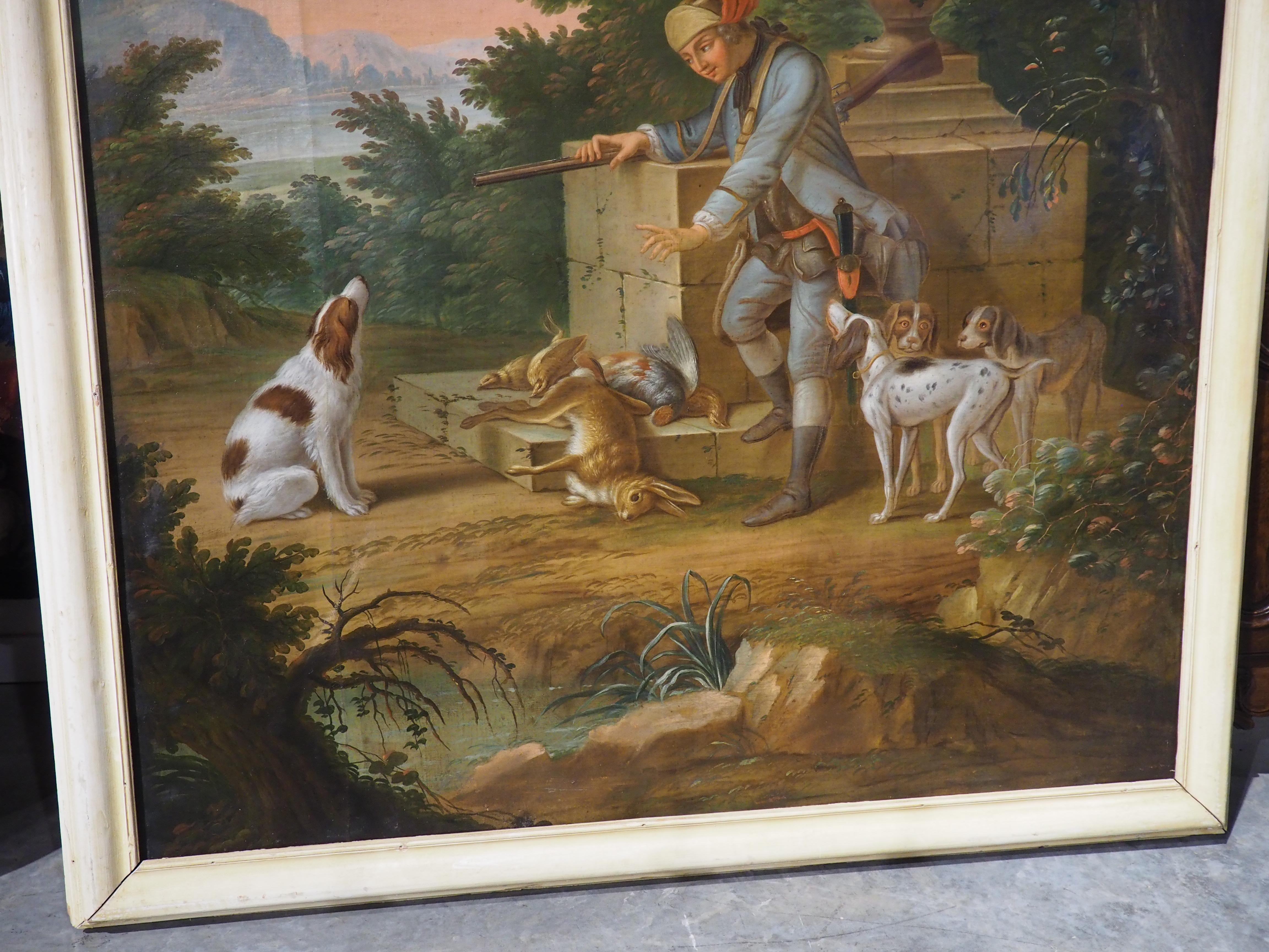 Grande peinture à l'huile sur toile française du 18ème siècle représentant une scène de chasse en vente 9