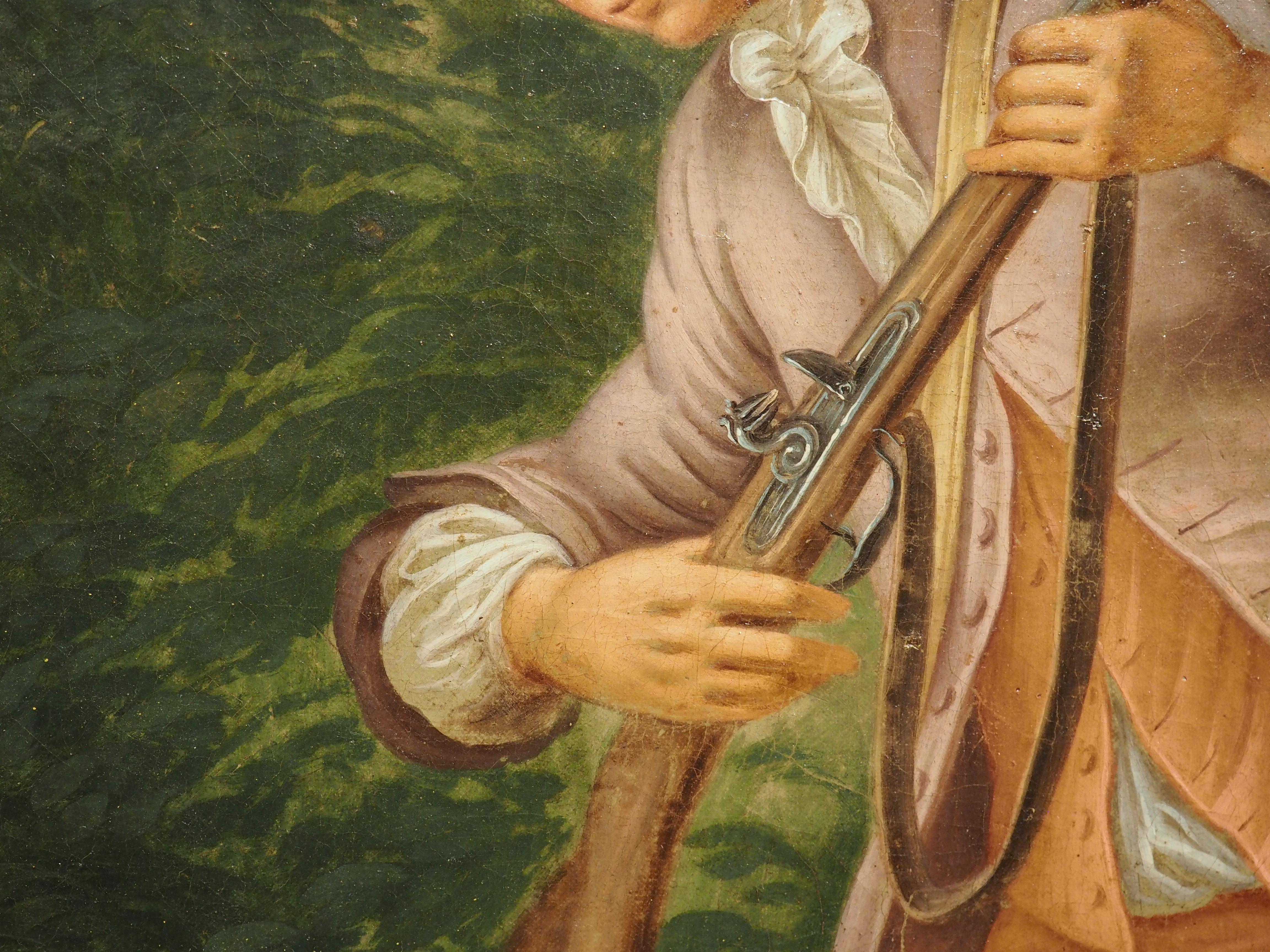 Grande peinture à l'huile sur toile française du 18ème siècle représentant une scène de chasse en vente 8