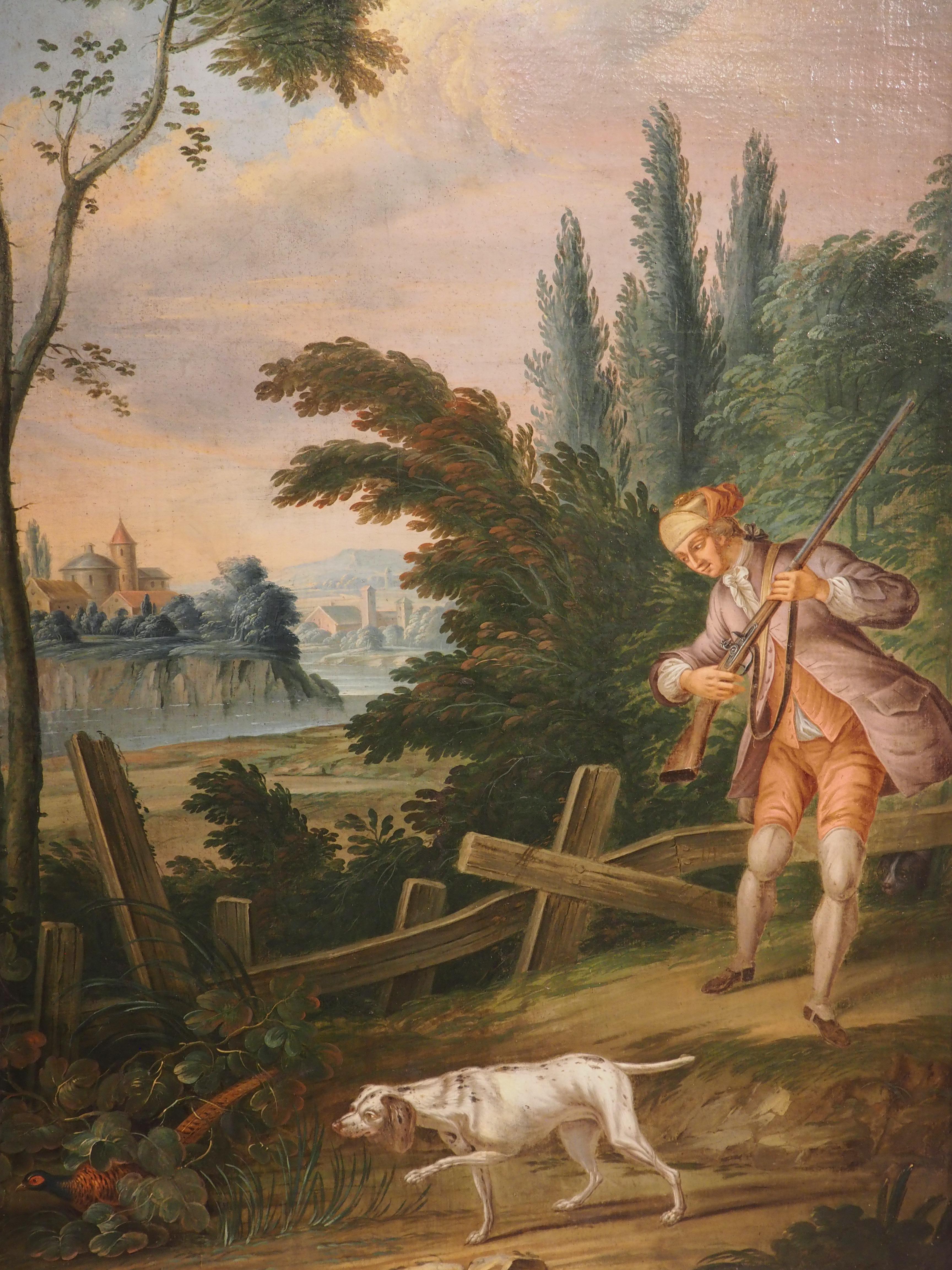 Grande peinture à l'huile sur toile française du 18ème siècle représentant une scène de chasse en vente 10