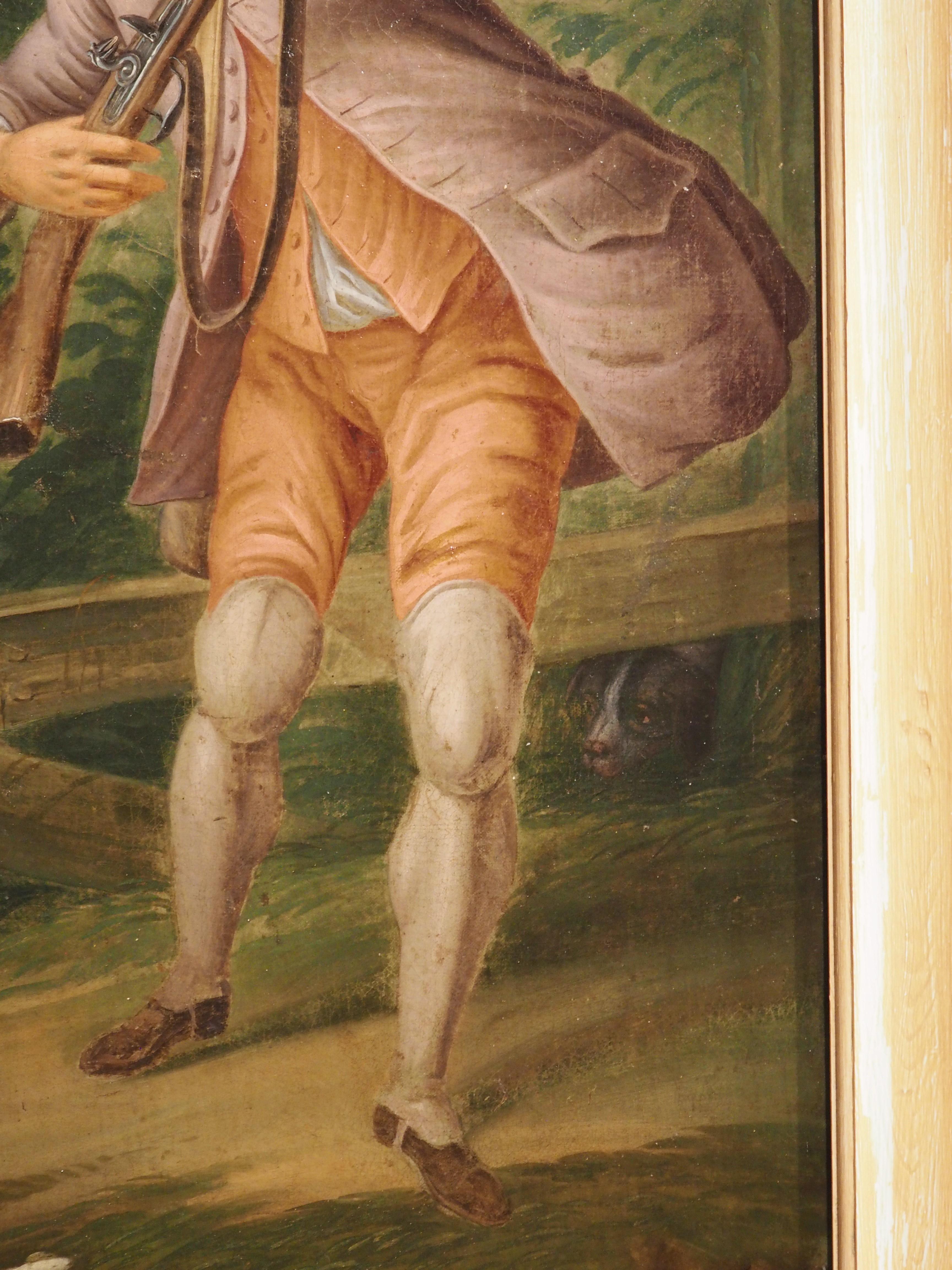 Cette grande peinture à l'huile sur toile (96 3/4 pouces de haut) représente un homme et son chien en train de chasser dans la campagne française. On peut voir un chasseur vêtu de rouge et feu avec un pardessus mauve suivre un retriever blanc avec