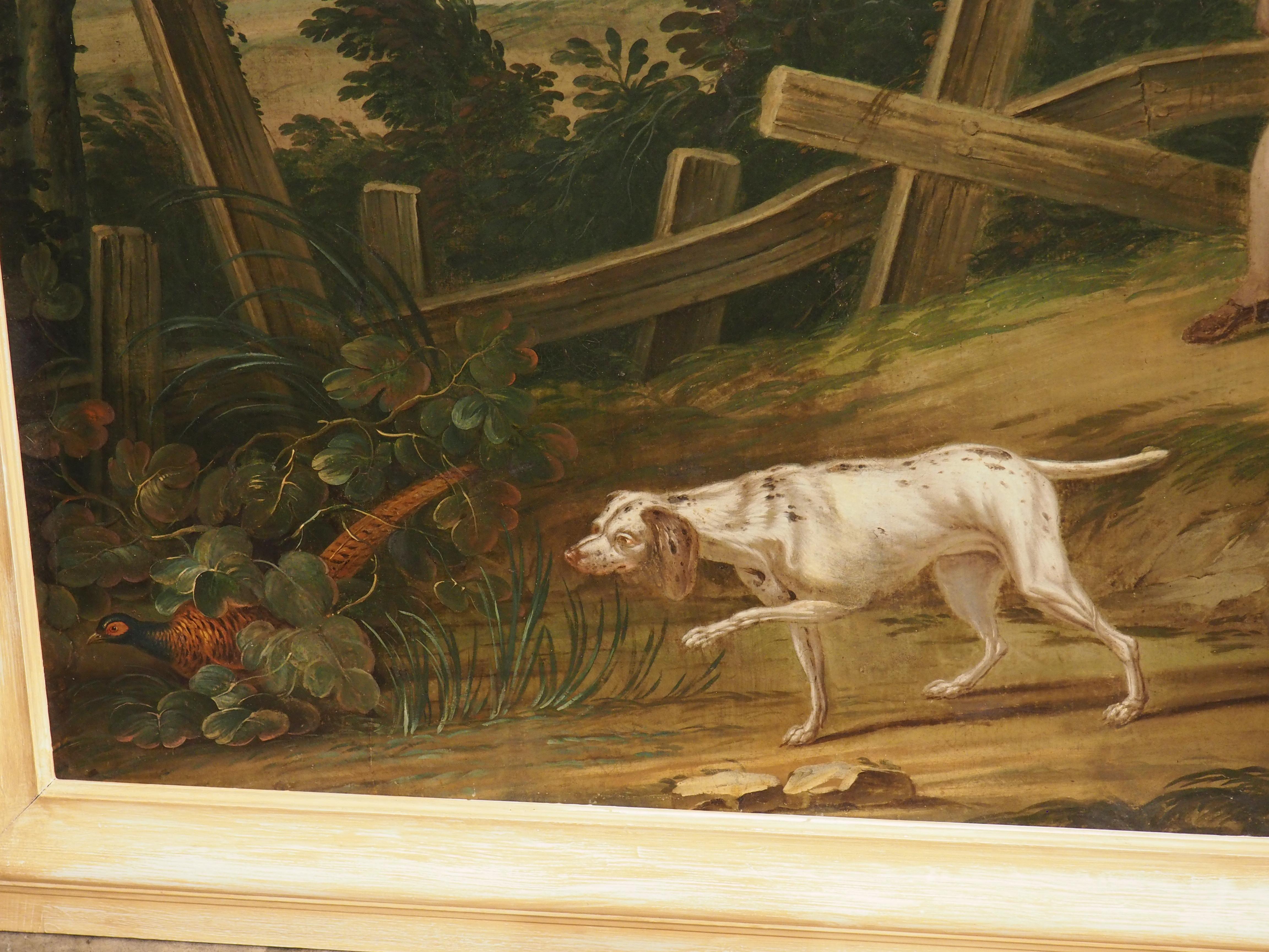 Grande peinture à l'huile sur toile française du 18ème siècle représentant une scène de chasse en vente 11