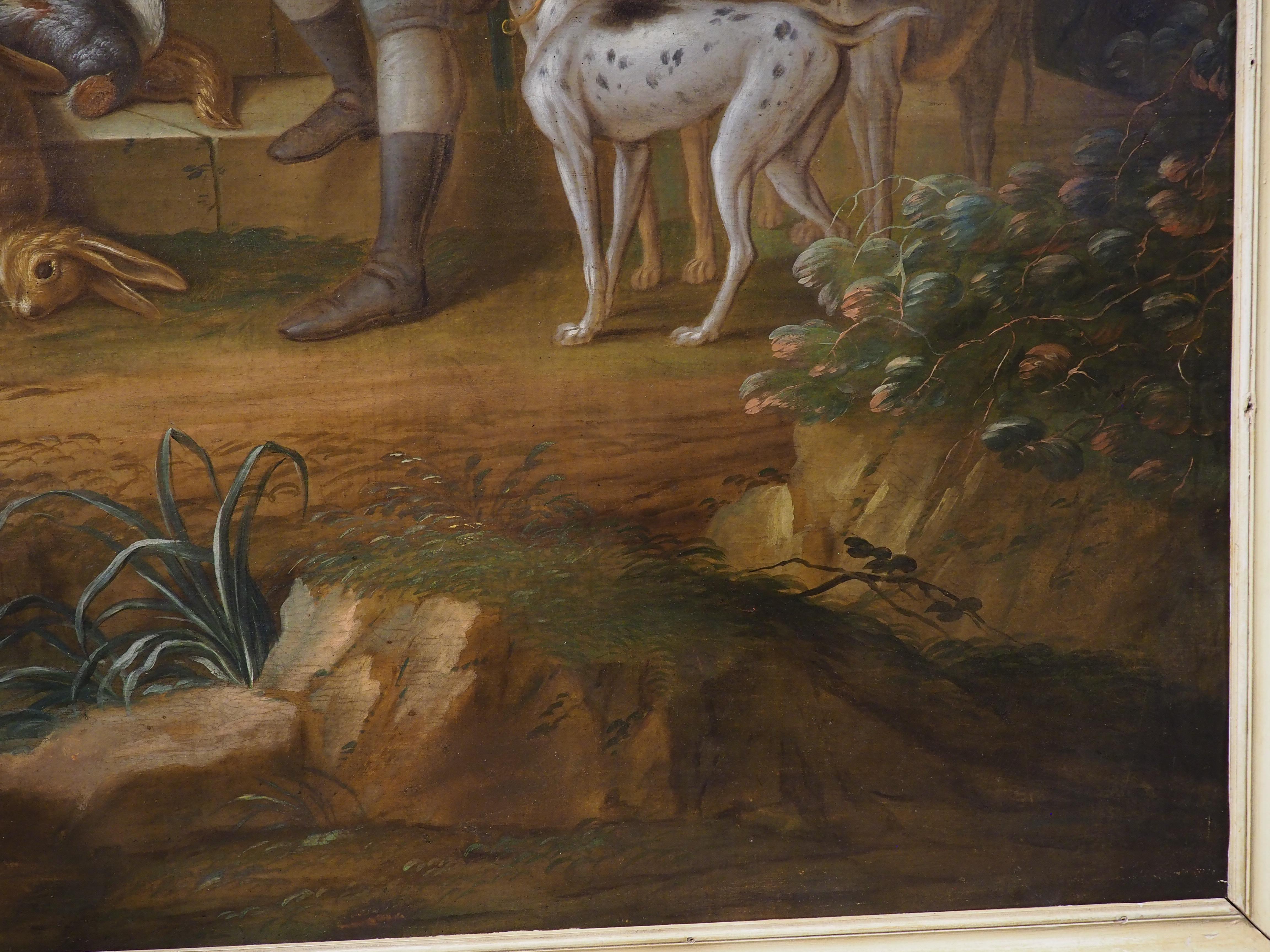Louis XVI Grande peinture à l'huile sur toile française du 18ème siècle représentant une scène de chasse en vente