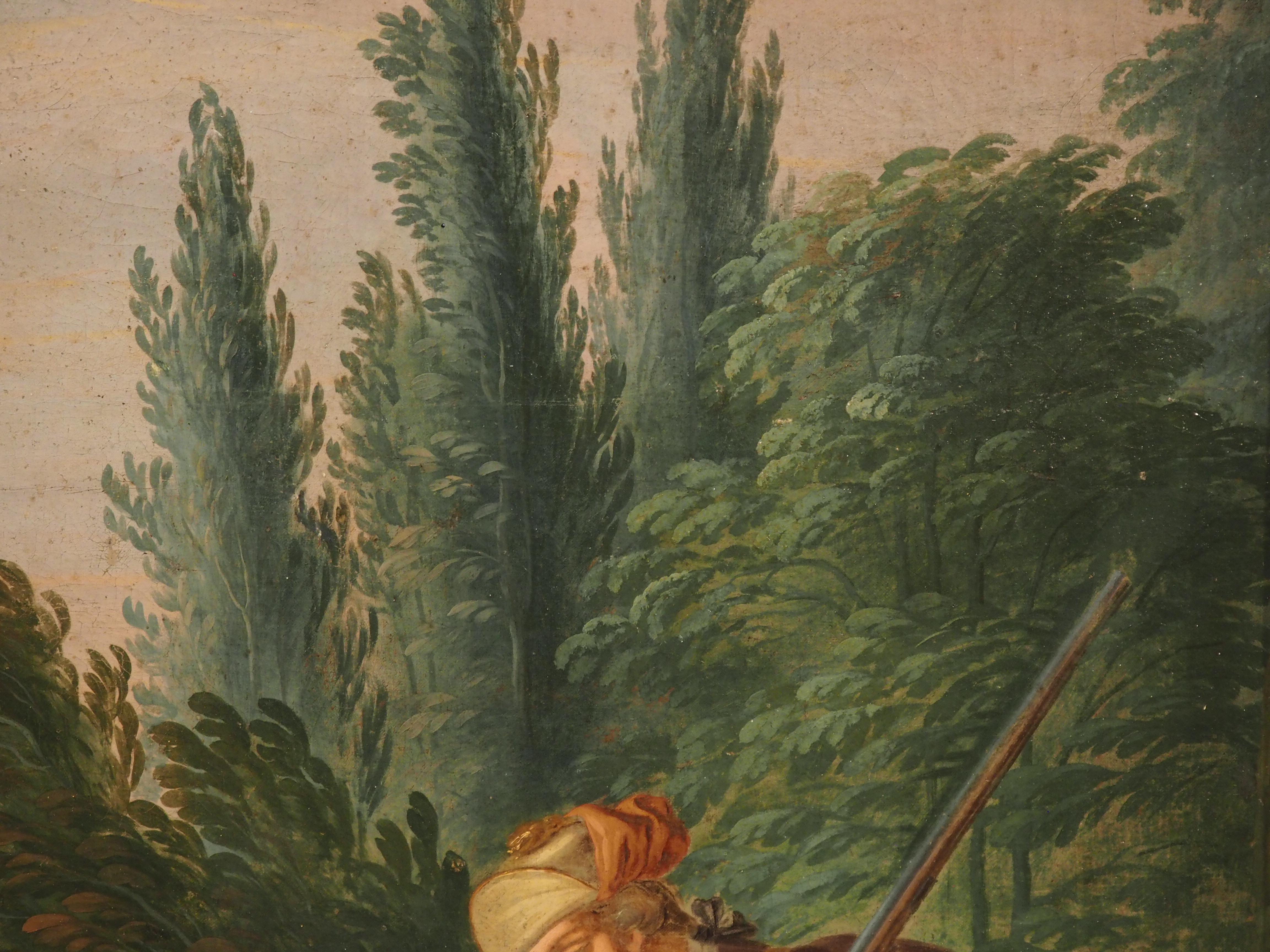 Hand-Painted Large 18th Century French Oil on Canvas Painting depicting a Hunt Scene For Sale