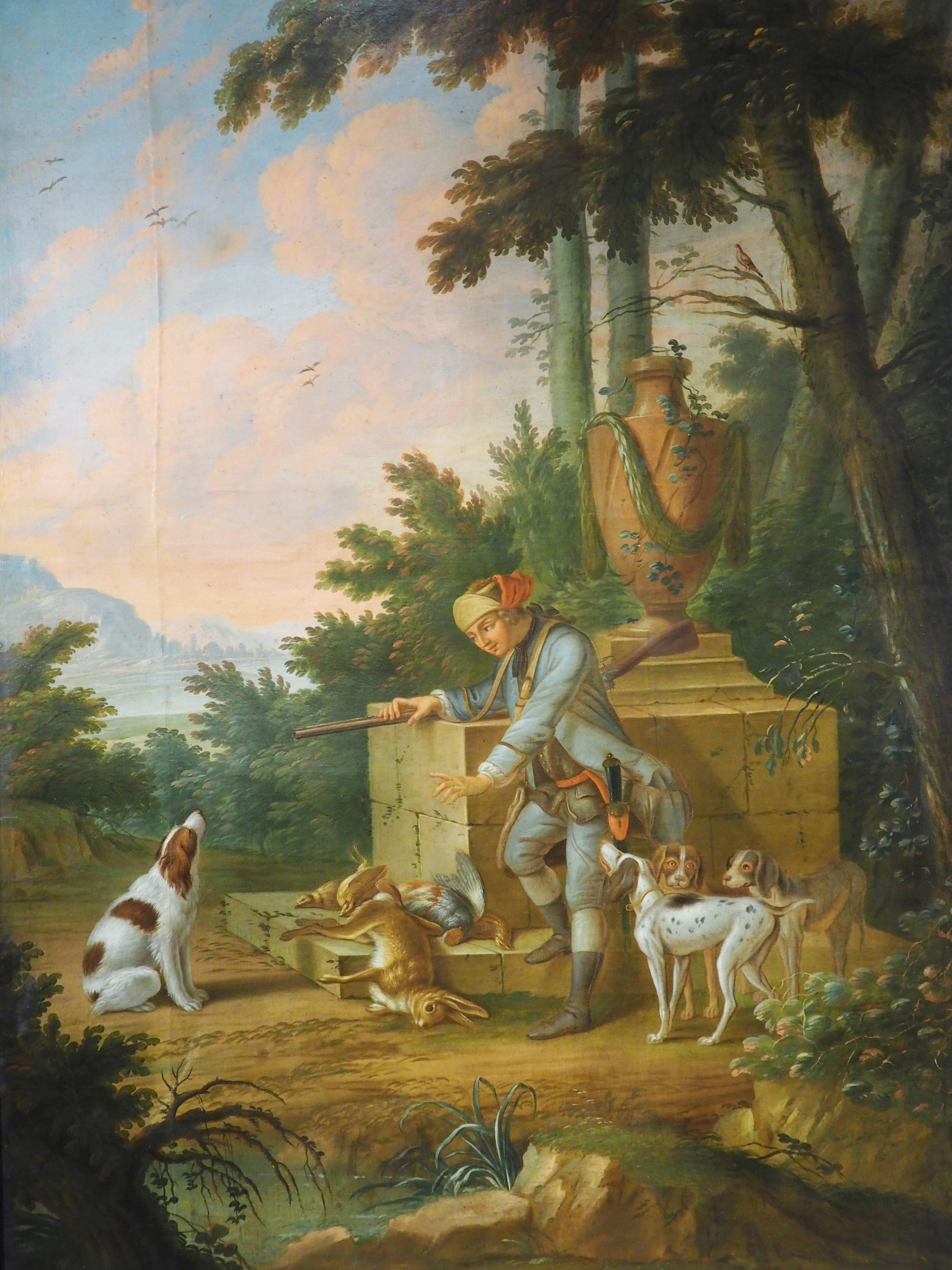 Hand-Carved Large 18th Century French Oil on Canvas Painting Depicting a Hunt Scene For Sale