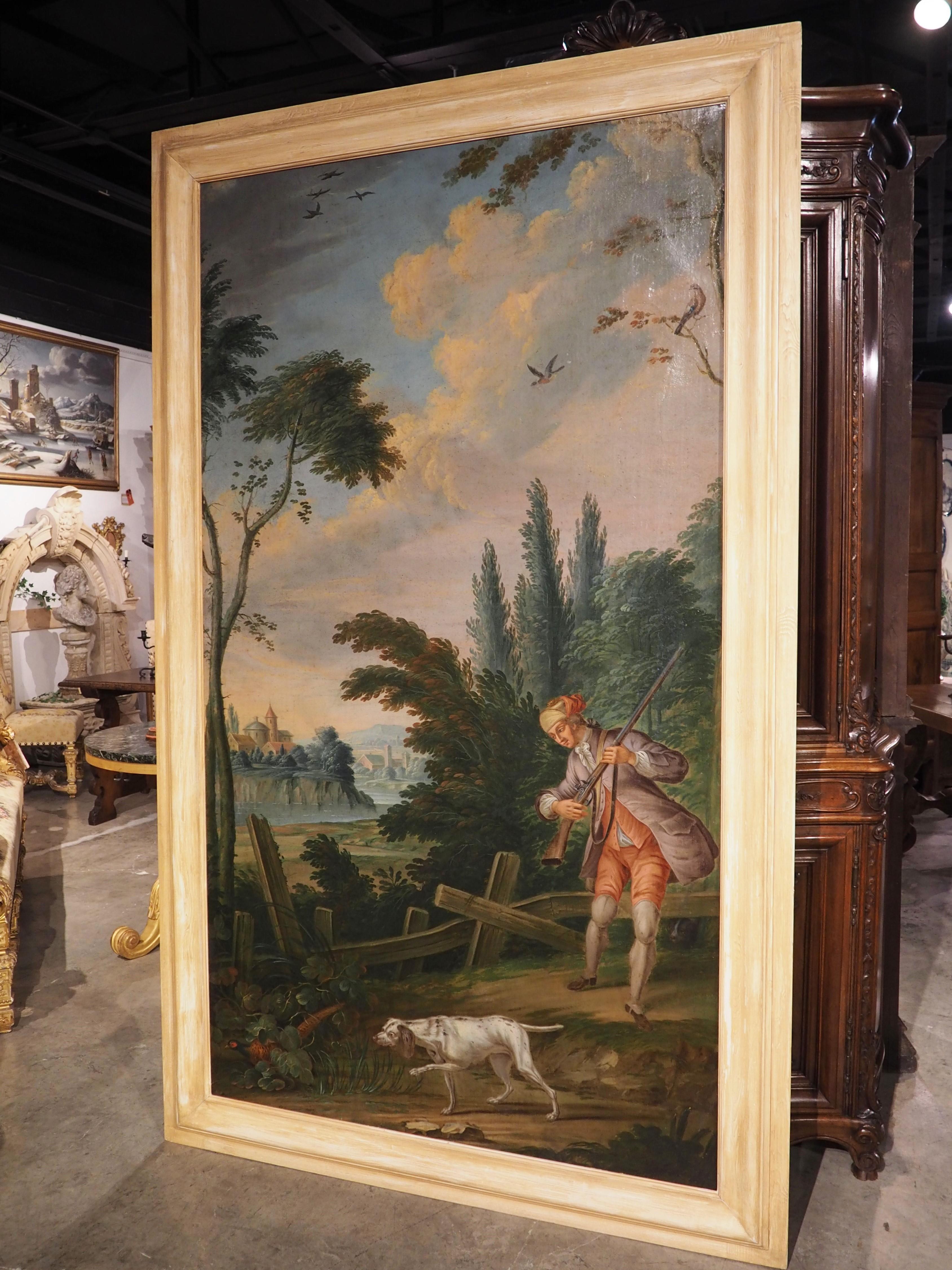Français Grande peinture à l'huile sur toile française du 18ème siècle représentant une scène de chasse en vente
