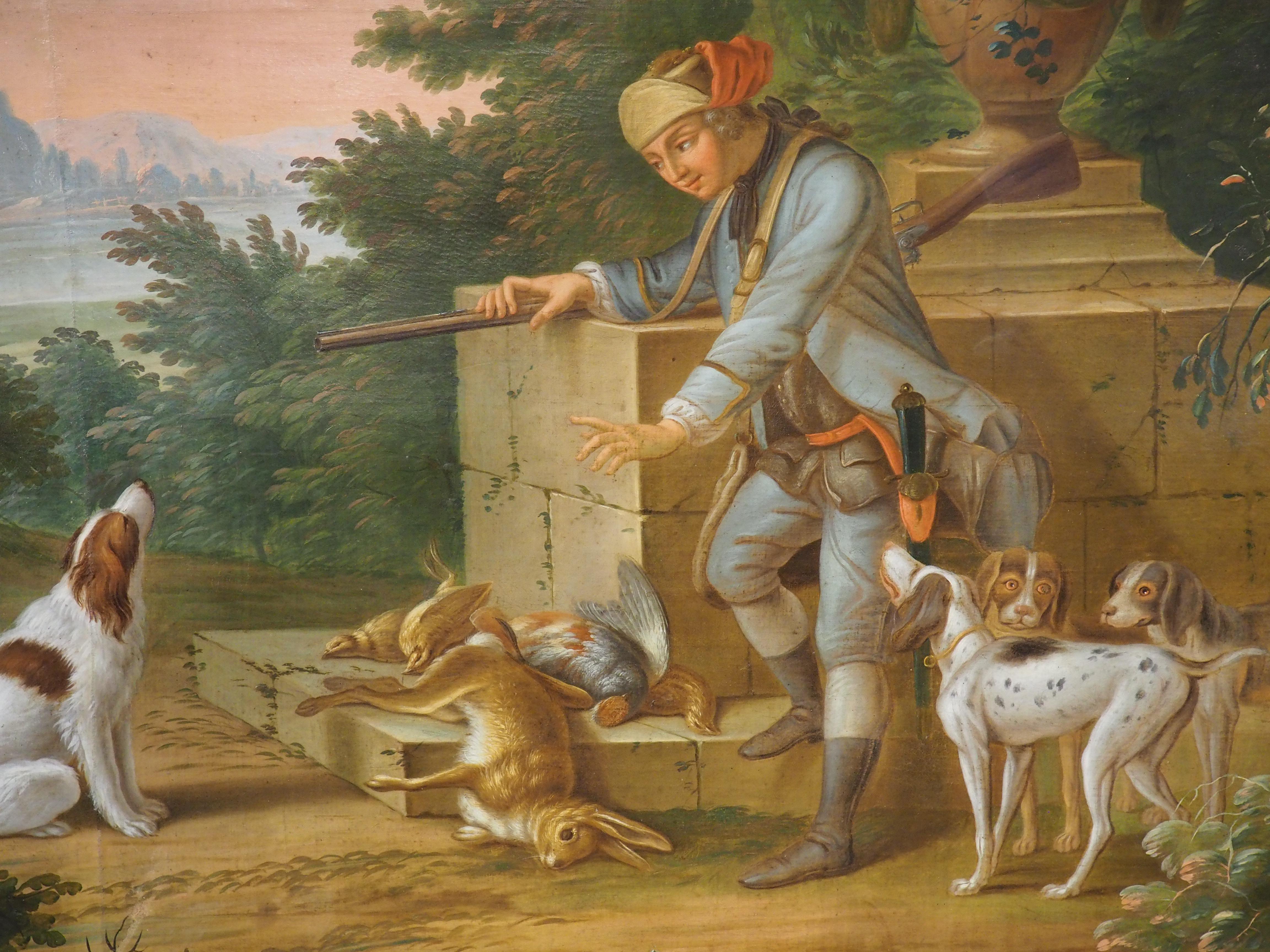 Grande peinture à l'huile sur toile française du 18ème siècle représentant une scène de chasse Bon état - En vente à Dallas, TX