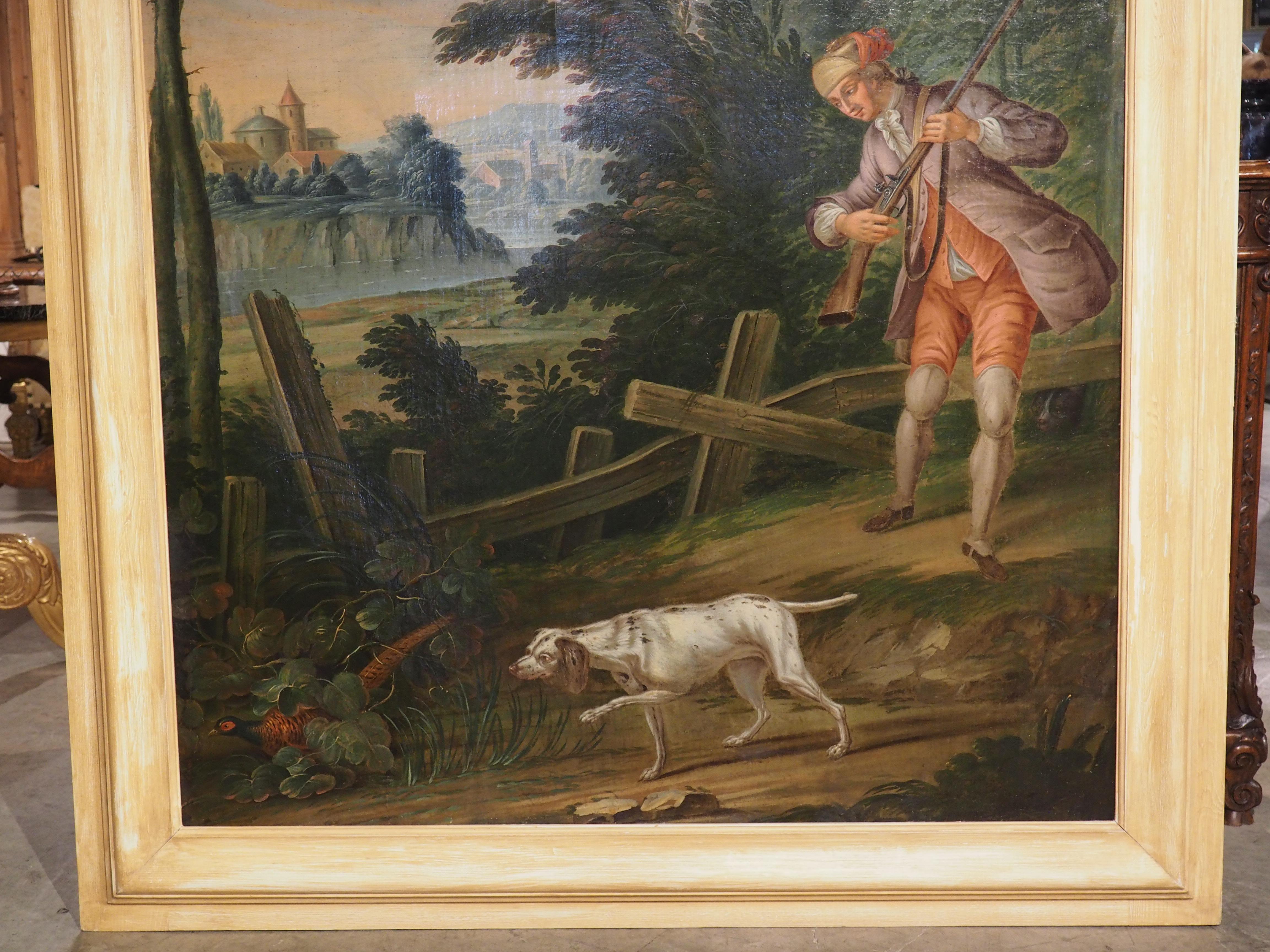 Peint à la main Grande peinture à l'huile sur toile française du 18ème siècle représentant une scène de chasse en vente