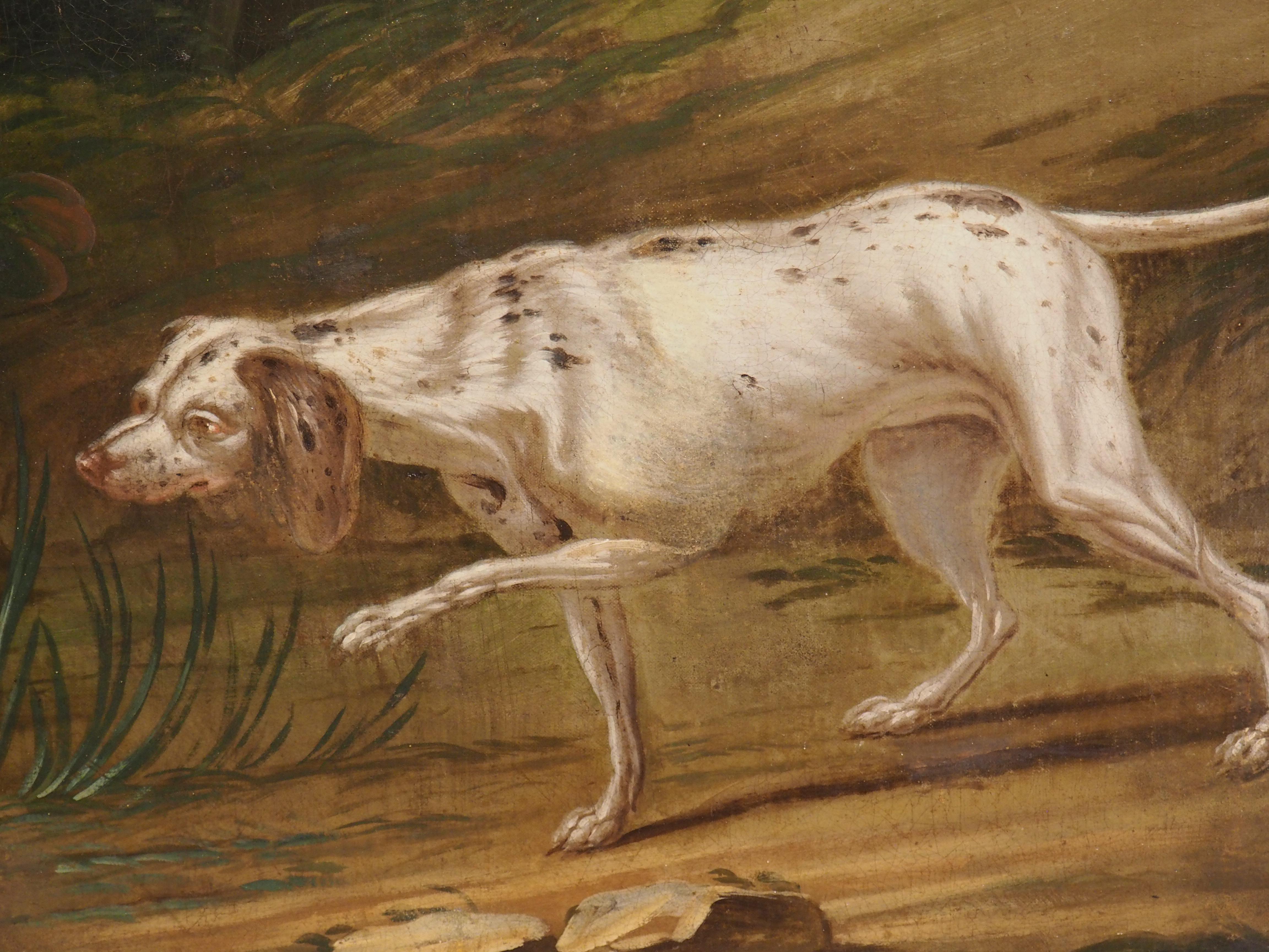 Grande peinture à l'huile sur toile française du 18ème siècle représentant une scène de chasse Bon état - En vente à Dallas, TX