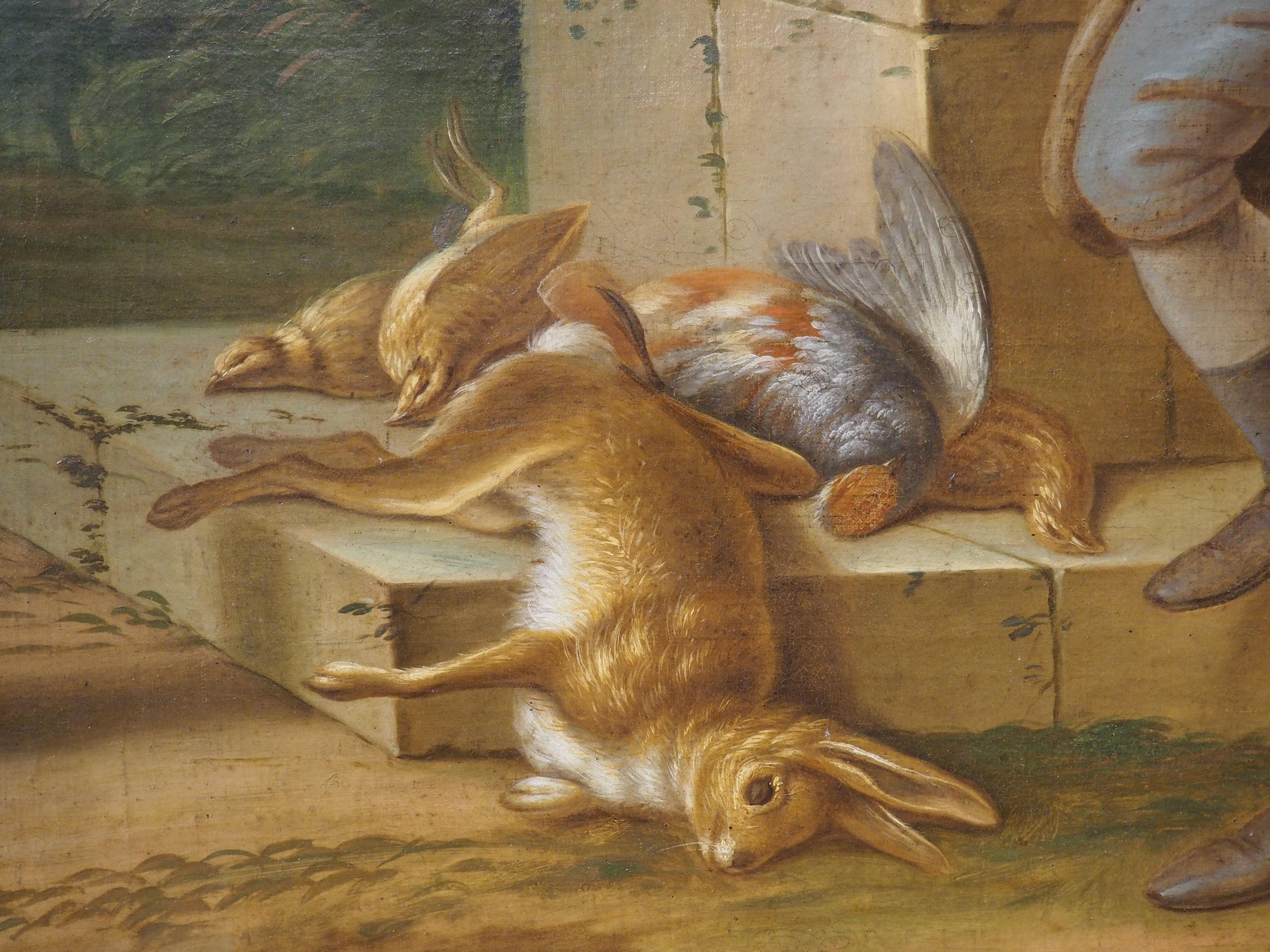 Toile Grande peinture à l'huile sur toile française du 18ème siècle représentant une scène de chasse en vente
