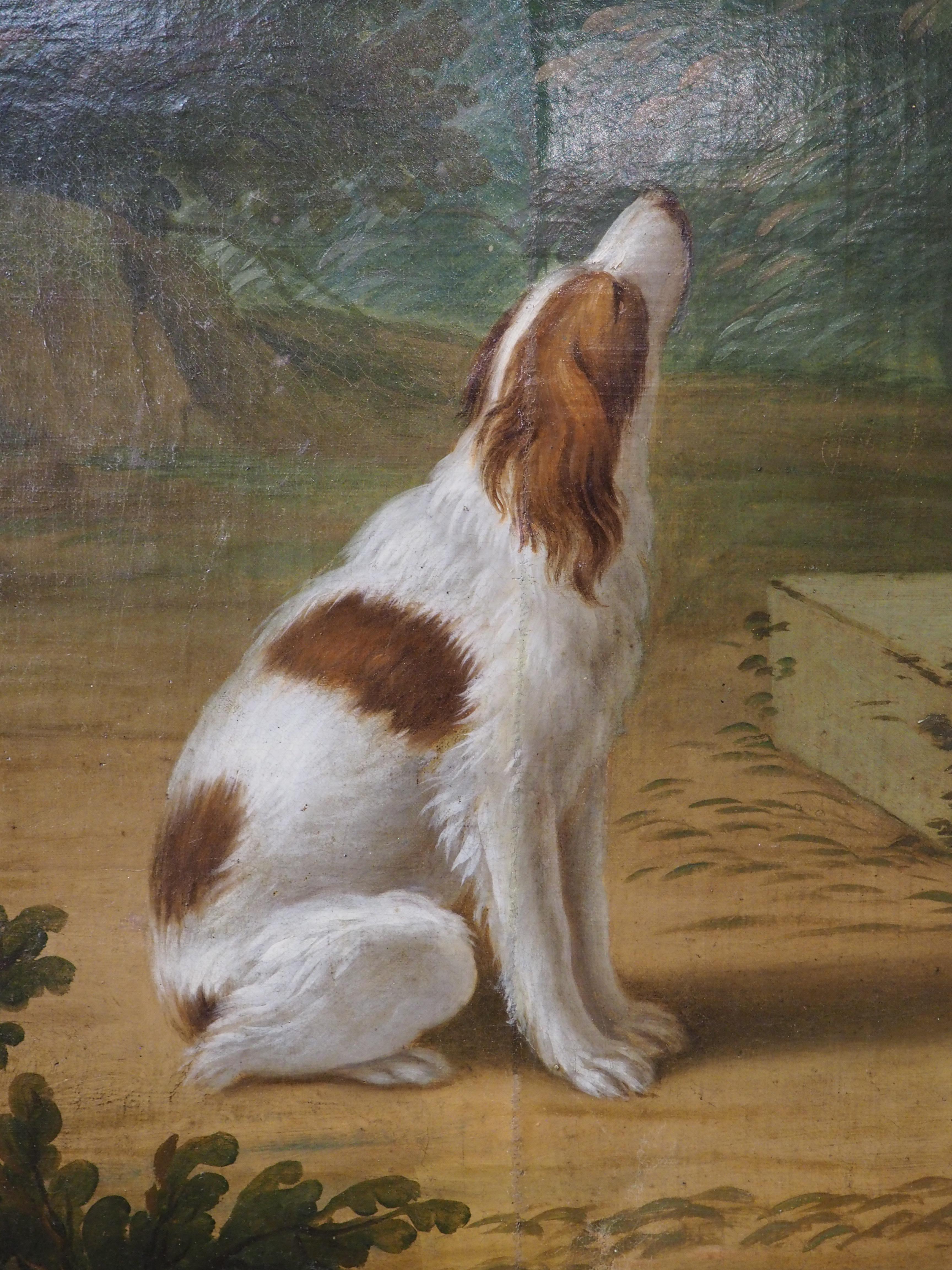 Grande peinture à l'huile sur toile française du 18ème siècle représentant une scène de chasse en vente 1