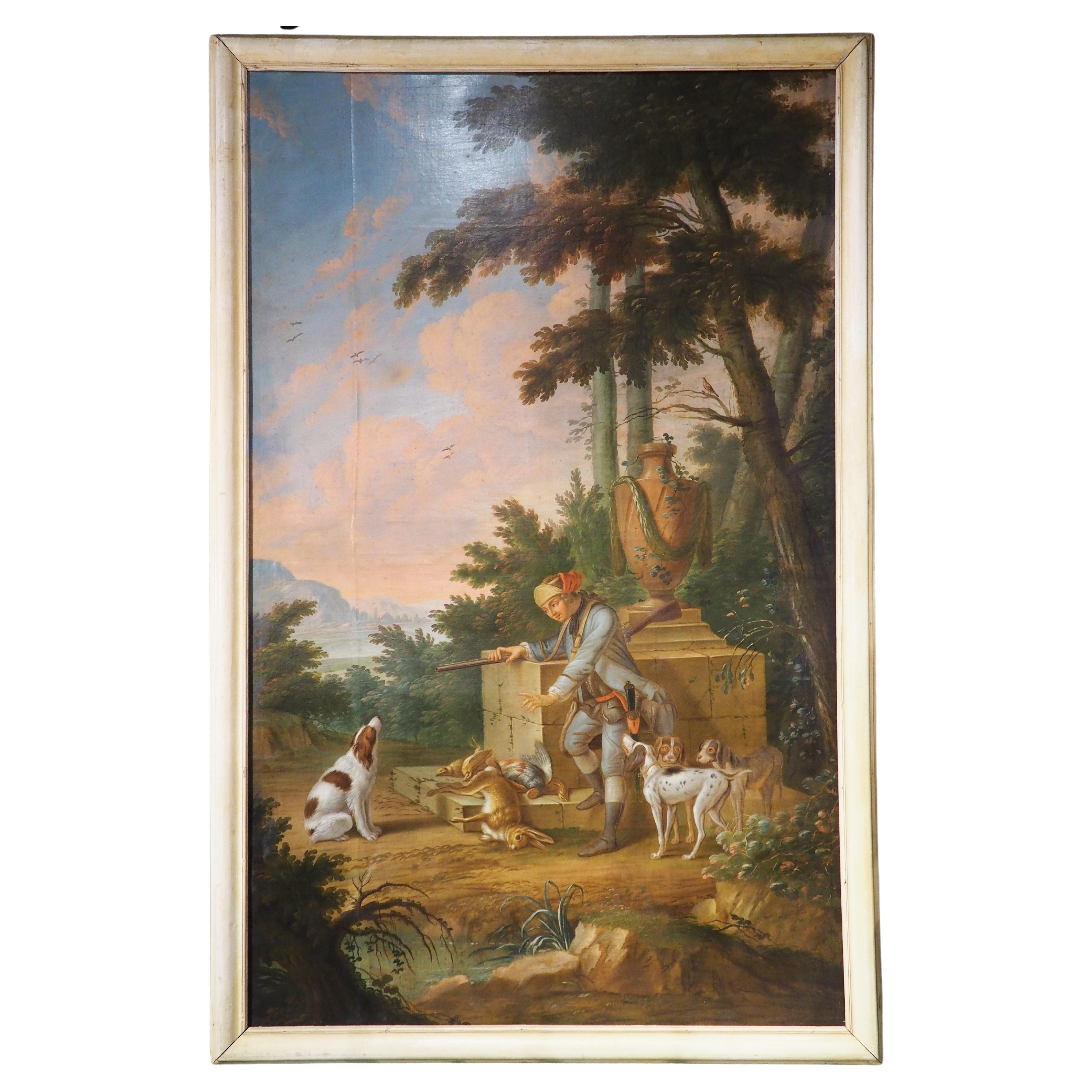 Grande peinture à l'huile sur toile française du 18ème siècle représentant une scène de chasse en vente