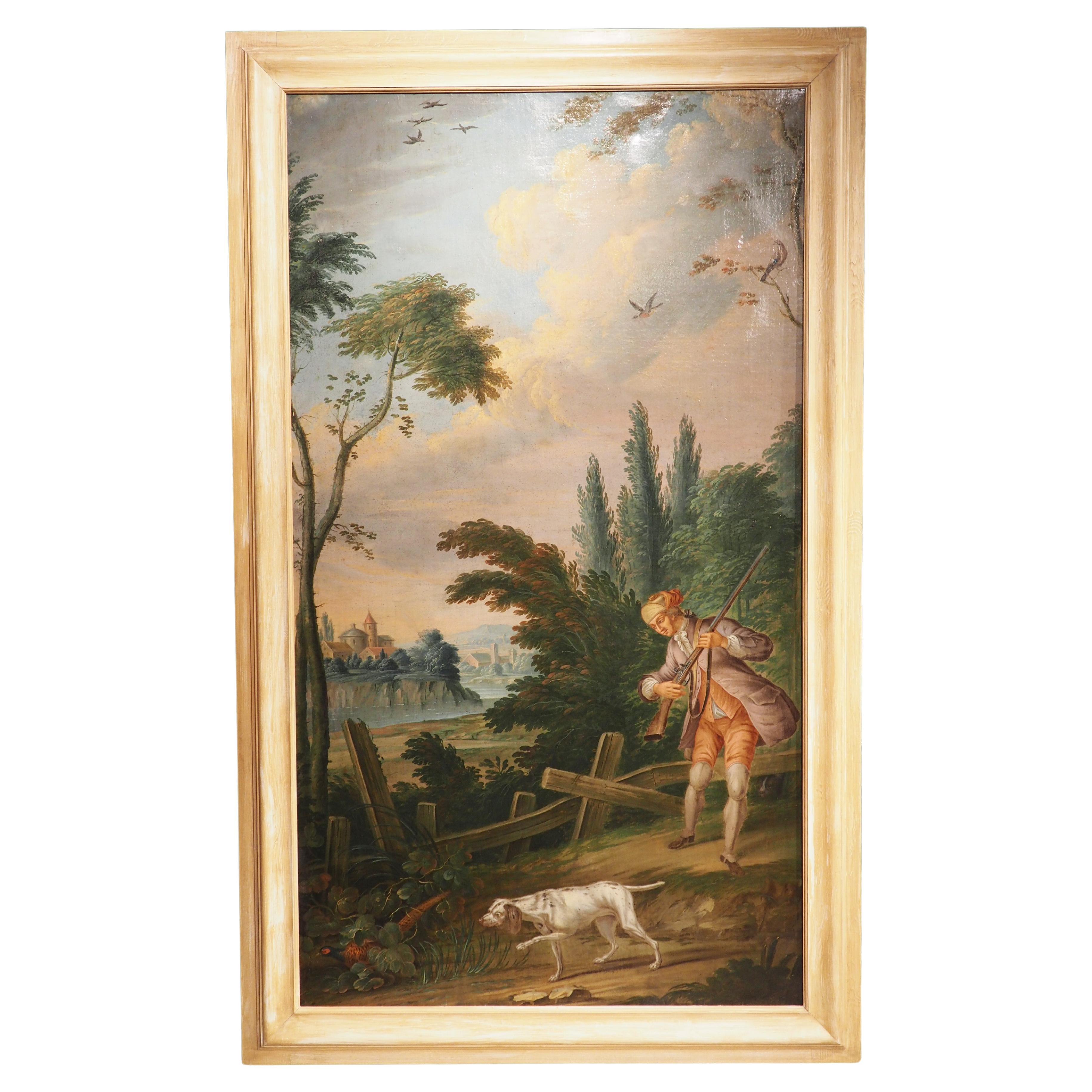 Grande peinture à l'huile sur toile française du 18ème siècle représentant une scène de chasse en vente