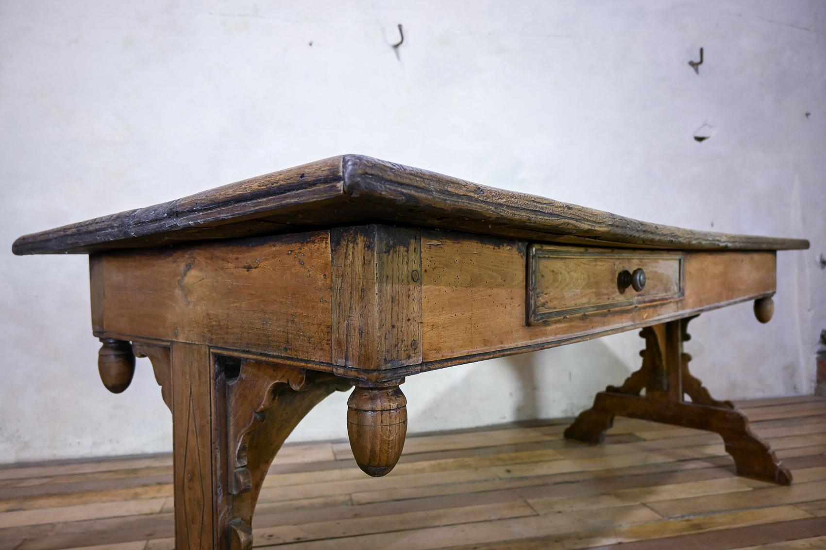 Large 18th Century French Provincial Farmhouse Kitchen Table Drawer Walnut For Sale 4