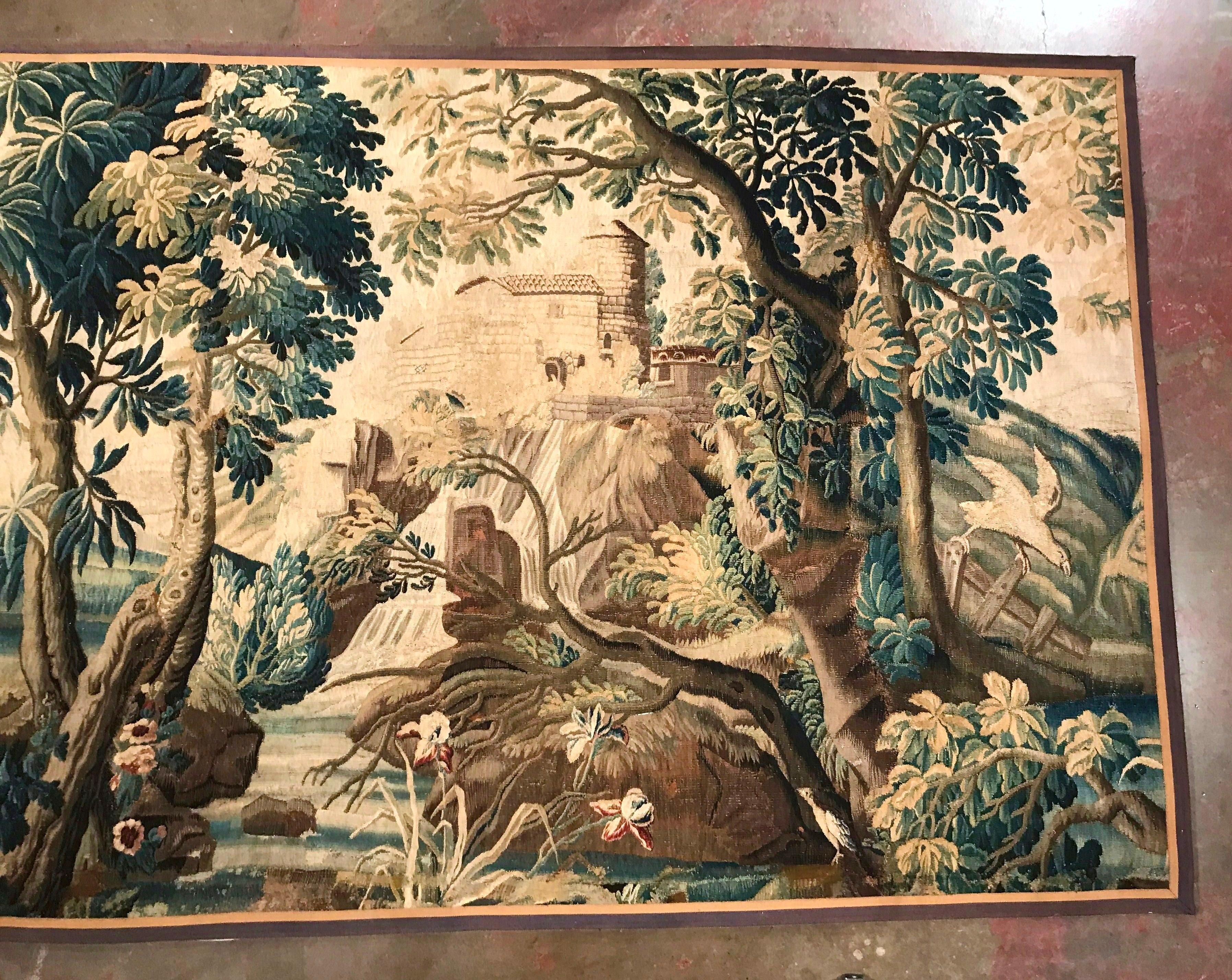 Hand-Woven Large 18th Century French Verdure Aubusson Tapestry with Bird, Stream and Castle