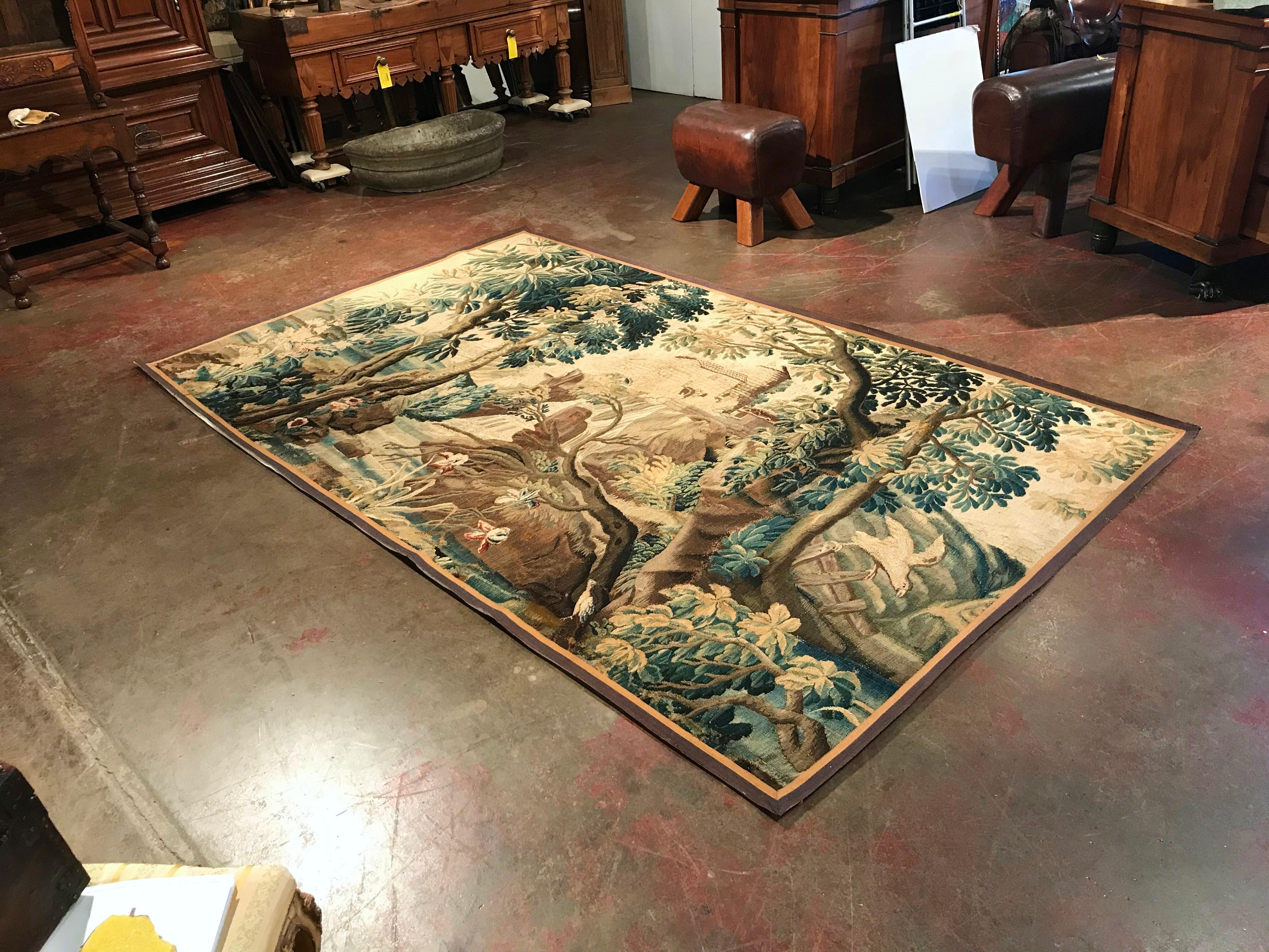 Large 18th Century French Verdure Aubusson Tapestry with Bird, Stream and Castle In Excellent Condition In Dallas, TX
