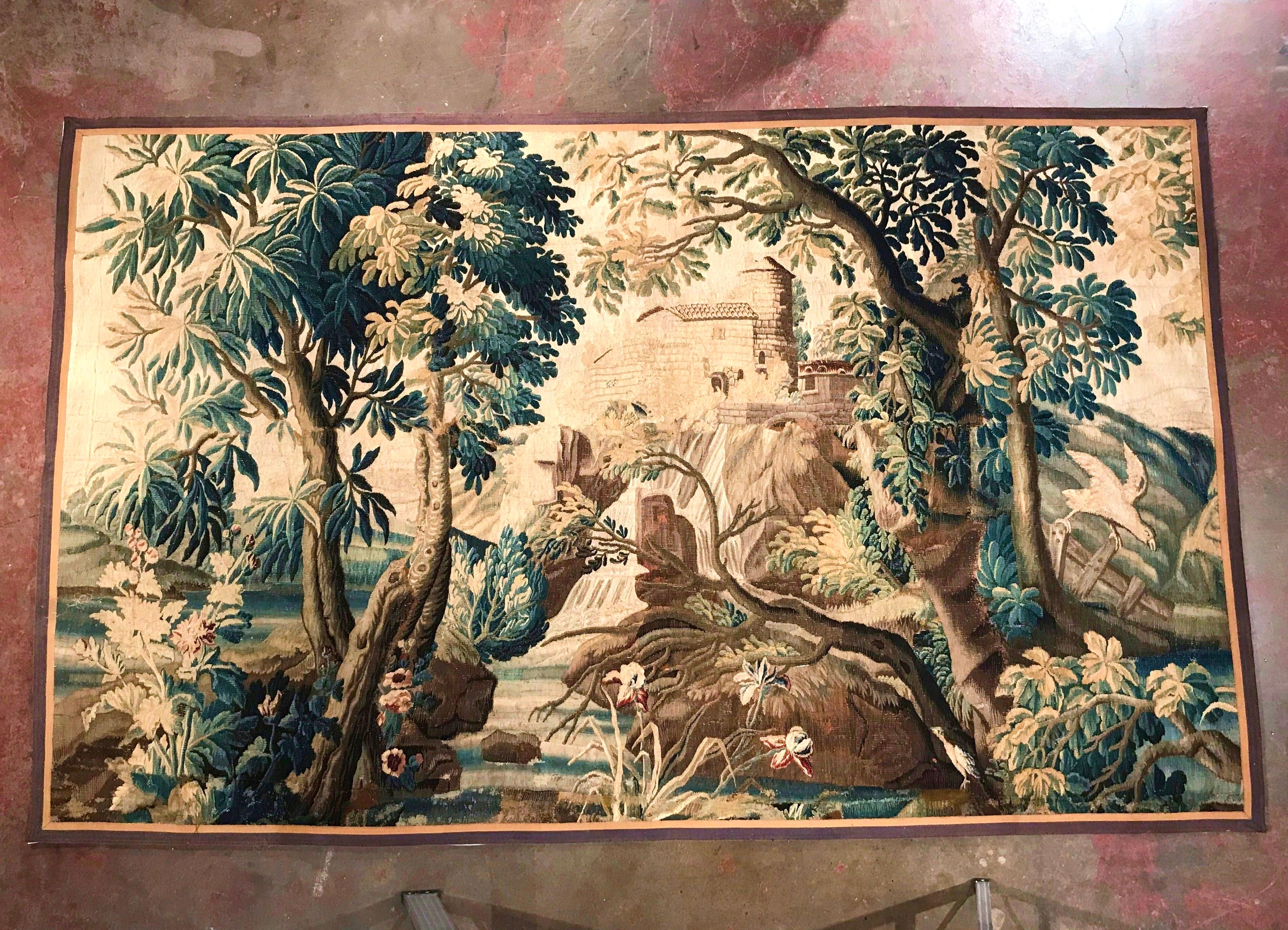 18th Century and Earlier Large 18th Century French Verdure Aubusson Tapestry with Bird, Stream and Castle