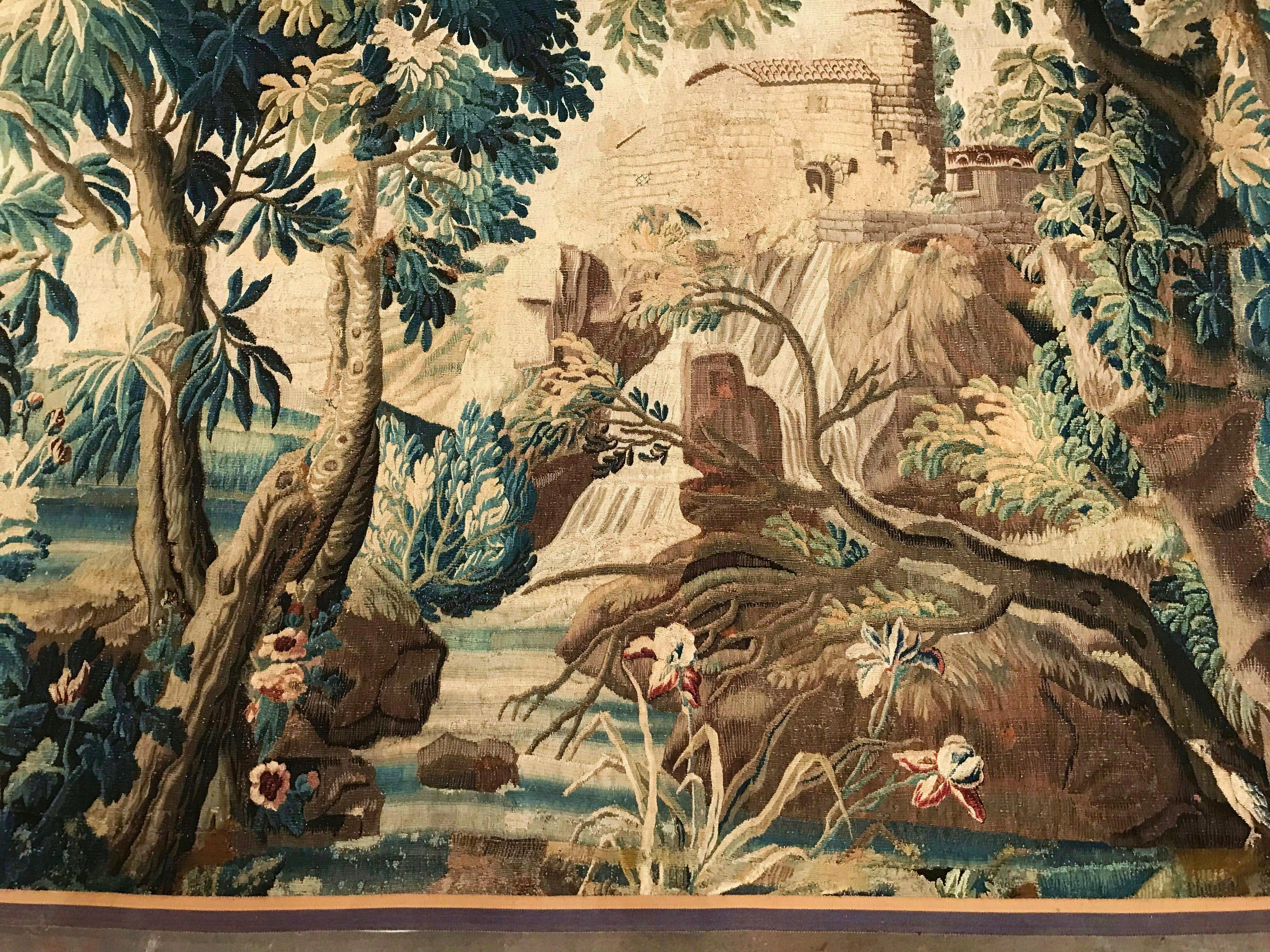 Large 18th Century French Verdure Aubusson Tapestry with Bird, Stream and Castle 1