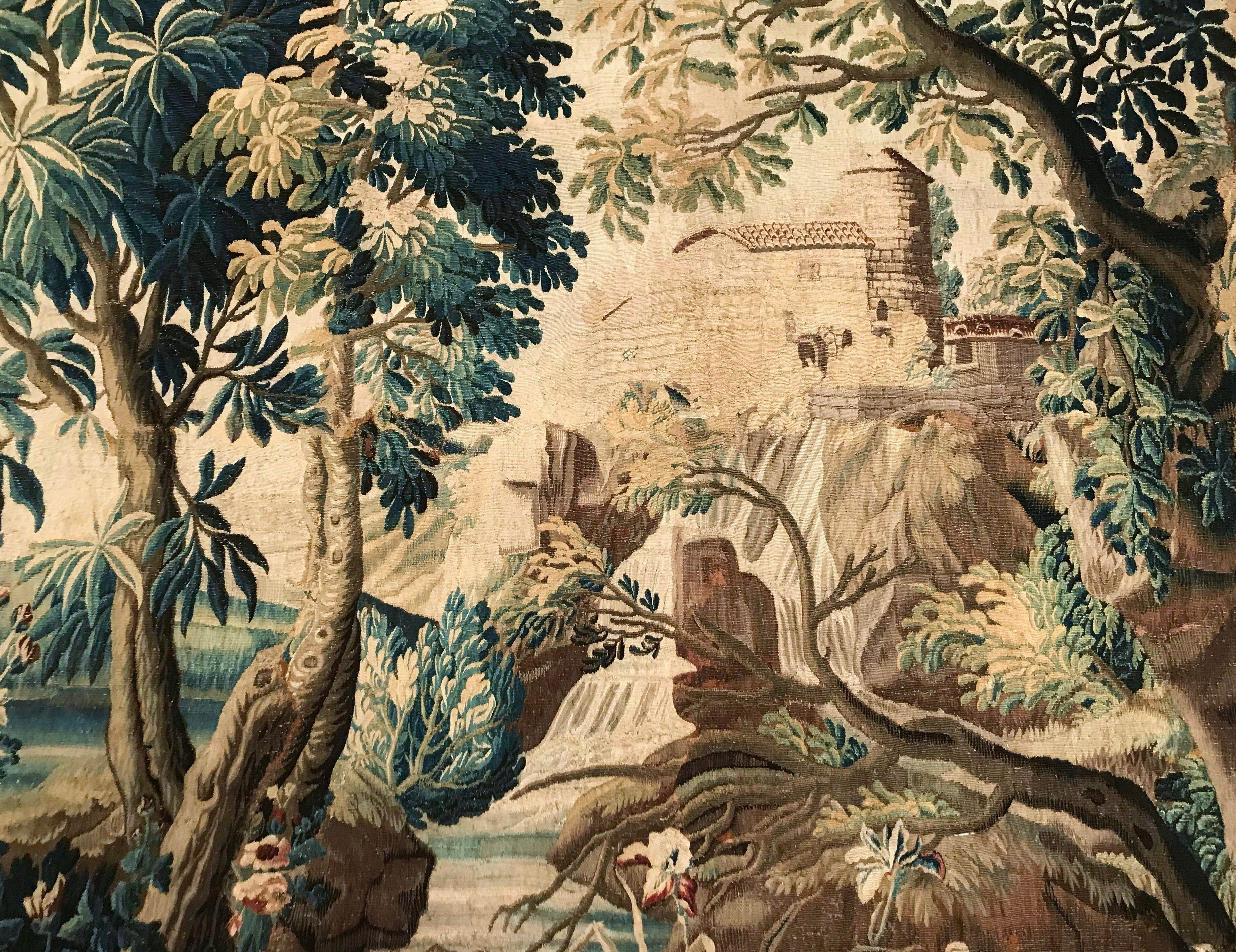 Large 18th Century French Verdure Aubusson Tapestry with Bird, Stream and Castle 3
