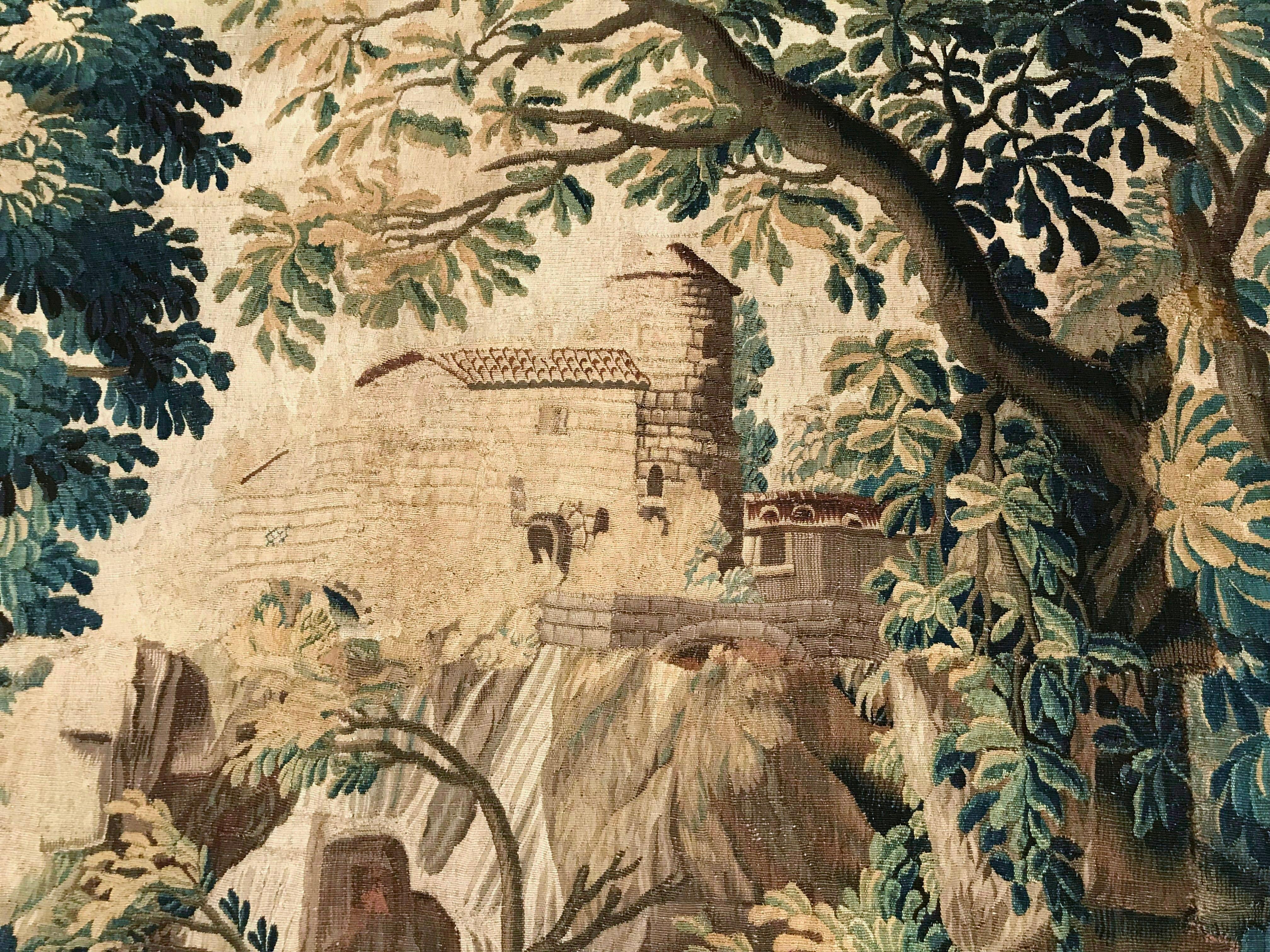 Large 18th Century French Verdure Aubusson Tapestry with Bird, Stream and Castle 4