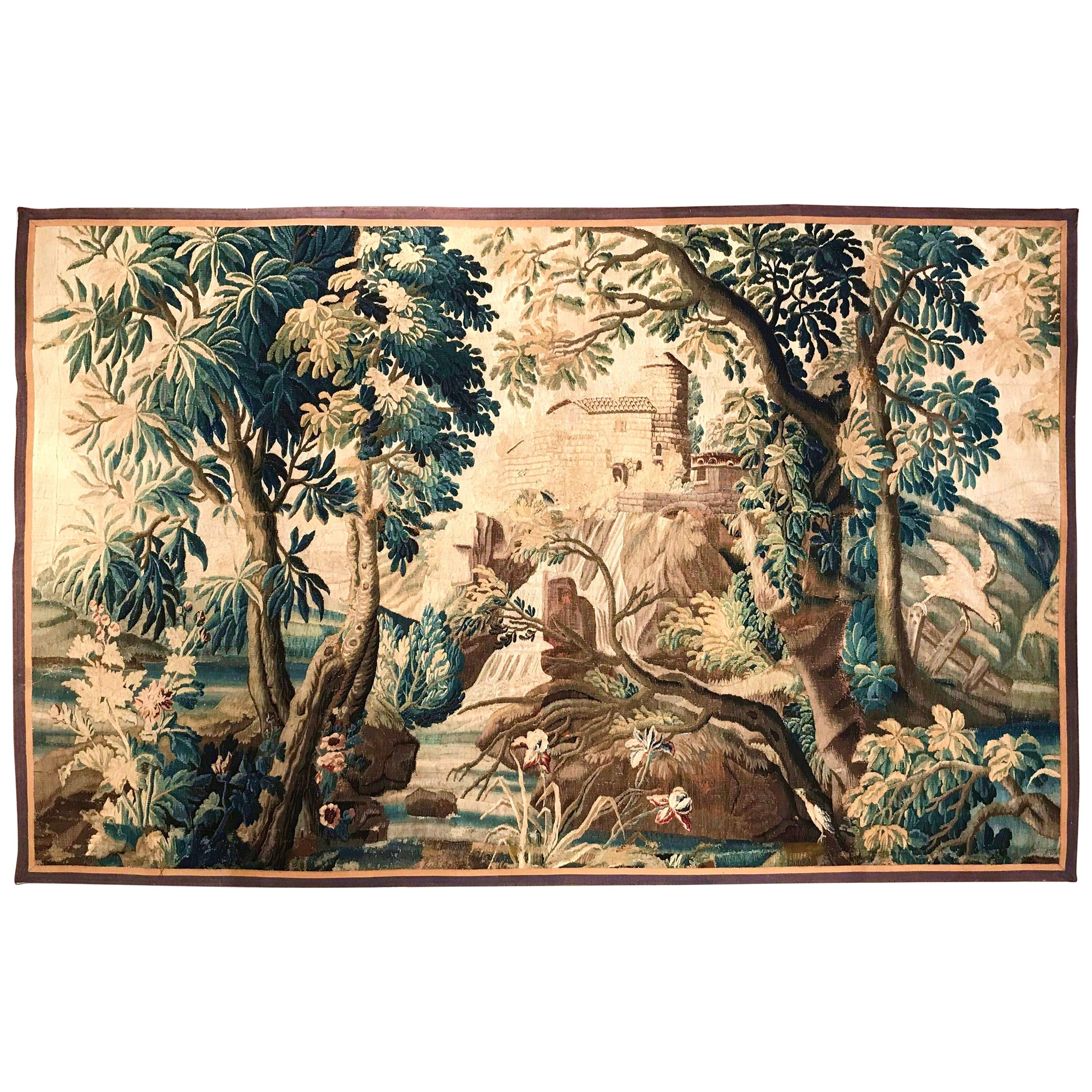 Large 18th Century French Verdure Aubusson Tapestry with Bird, Stream and Castle