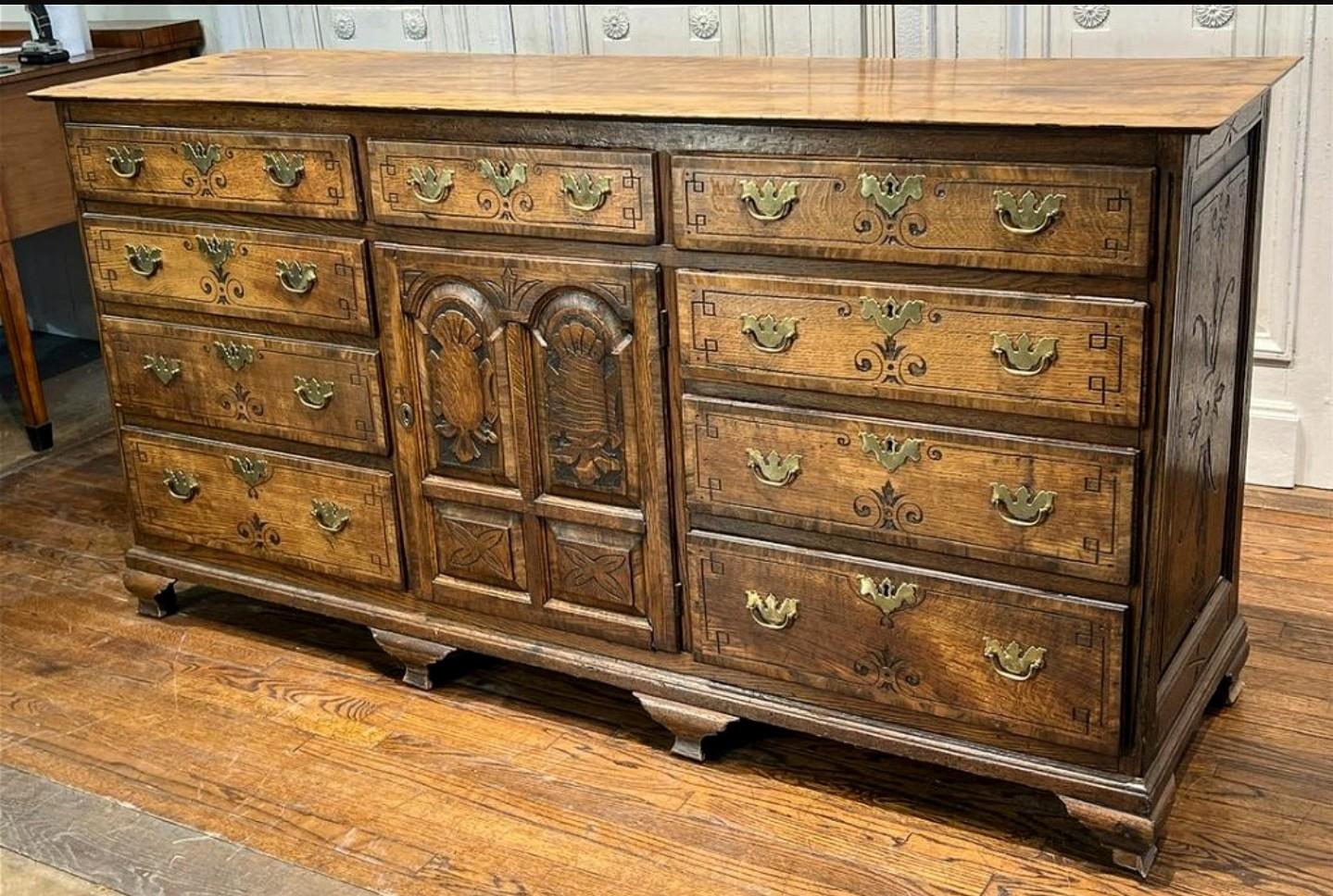 Brass Large 18th Century George III Period English Oak Welsh Dresser Cabinet