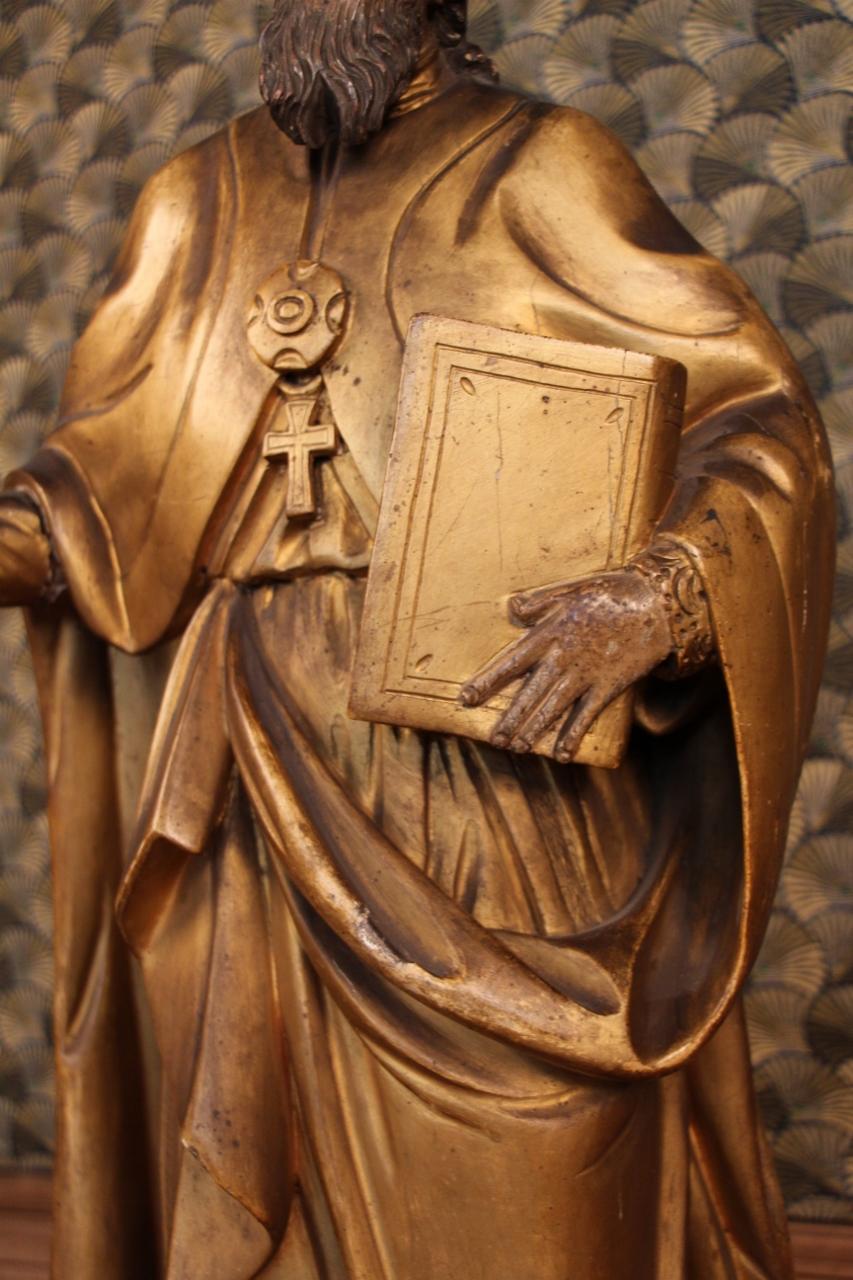 Large 18th Century Golden Wood Statue Of A Holy Bishop Removable Miter In Fair Condition For Sale In charmes, FR