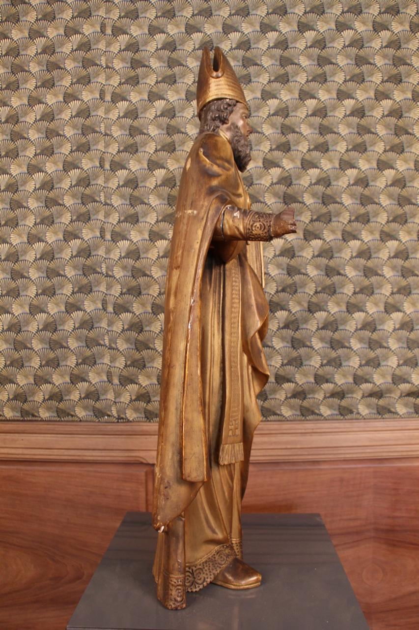 Large 18th Century Golden Wood Statue Of A Holy Bishop Removable Miter For Sale 3