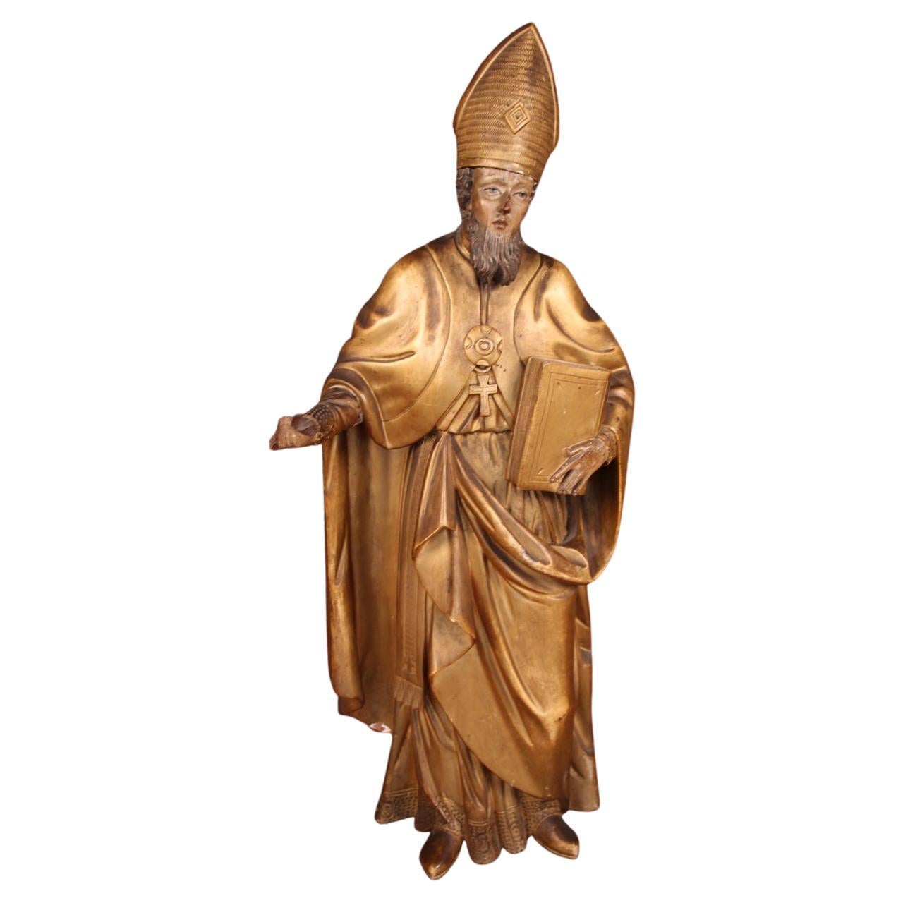 Large 18th Century Golden Wood Statue Of A Holy Bishop Removable Miter For Sale