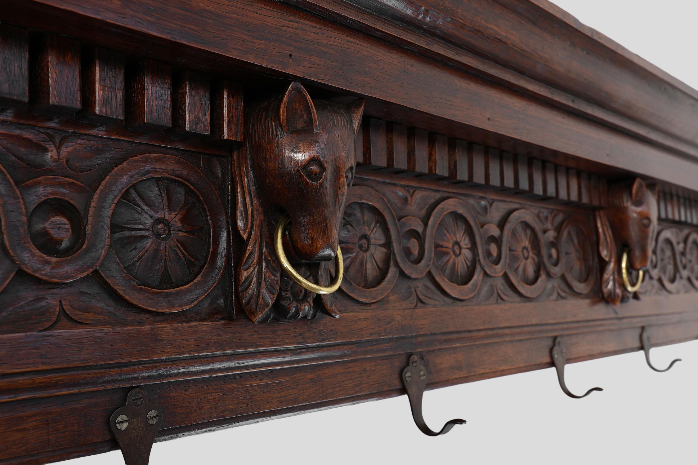 French Large 18th Century Gothic solid oak hand carved coat rack, France For Sale