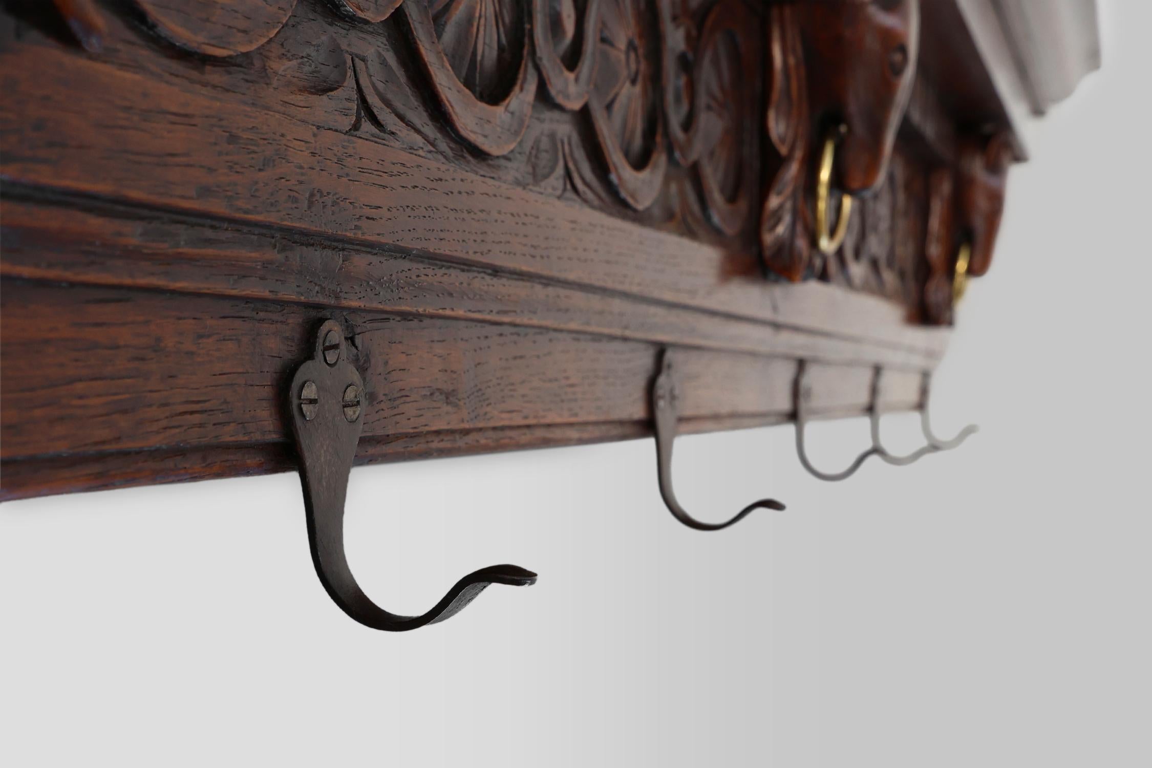 Hand-Carved Large 18th Century Gothic solid oak hand carved coat rack, France For Sale