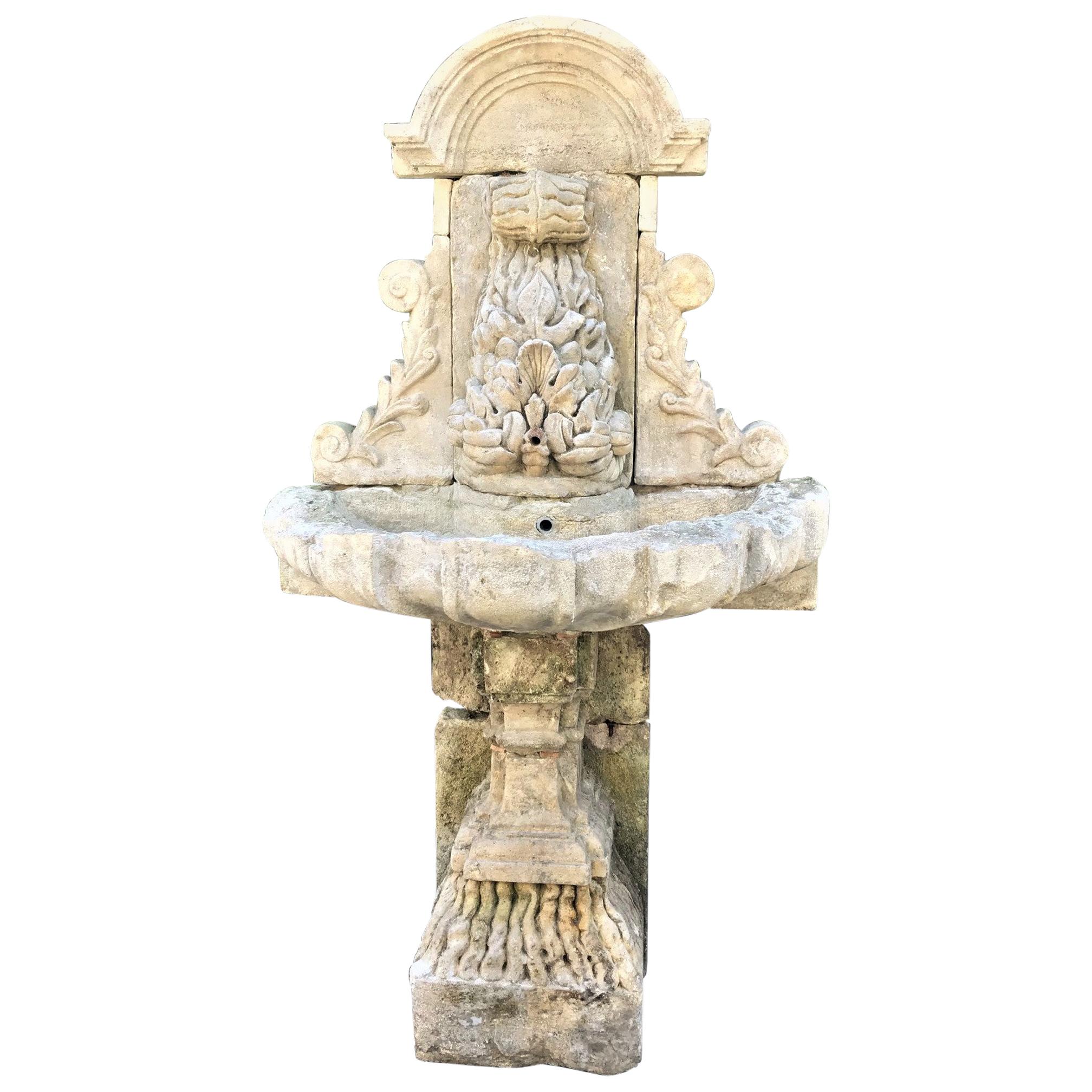 Large 18th Century Hand Carved Stone Wall Fountain and basin on pedestal base LA