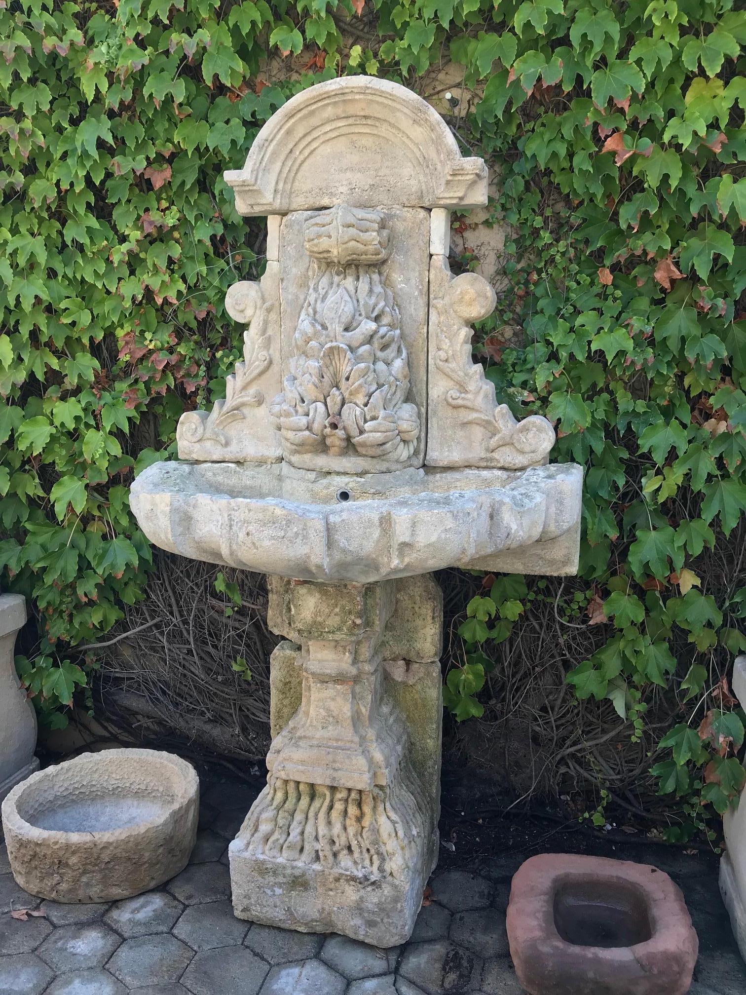 Large 18th Century Hand Carved Stone Wall Fountain and basin on pedestal base LA 3